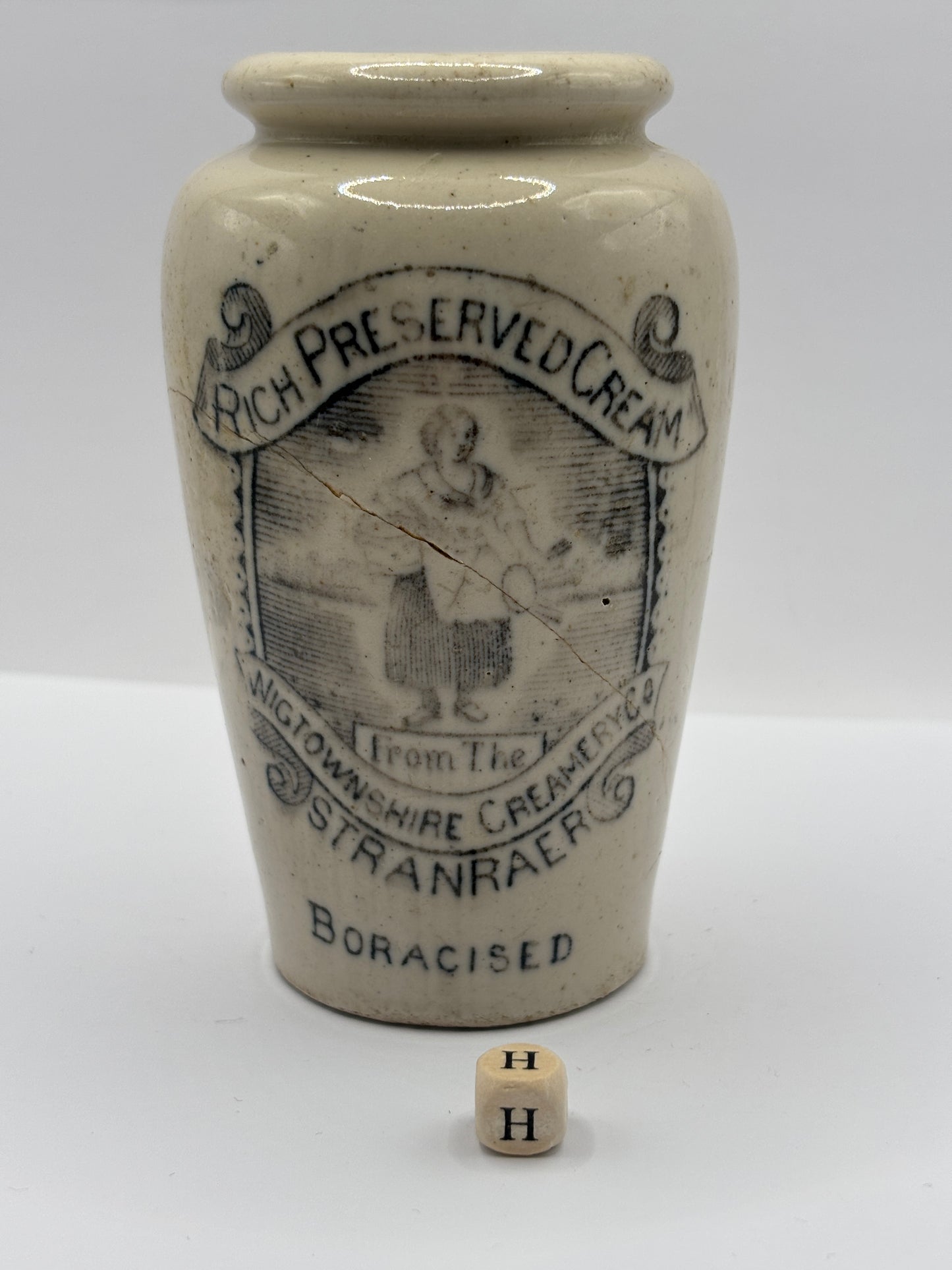 Old advertising cream pot, Rich preserved cream, Stranraer. Milk maid (H) damaged
