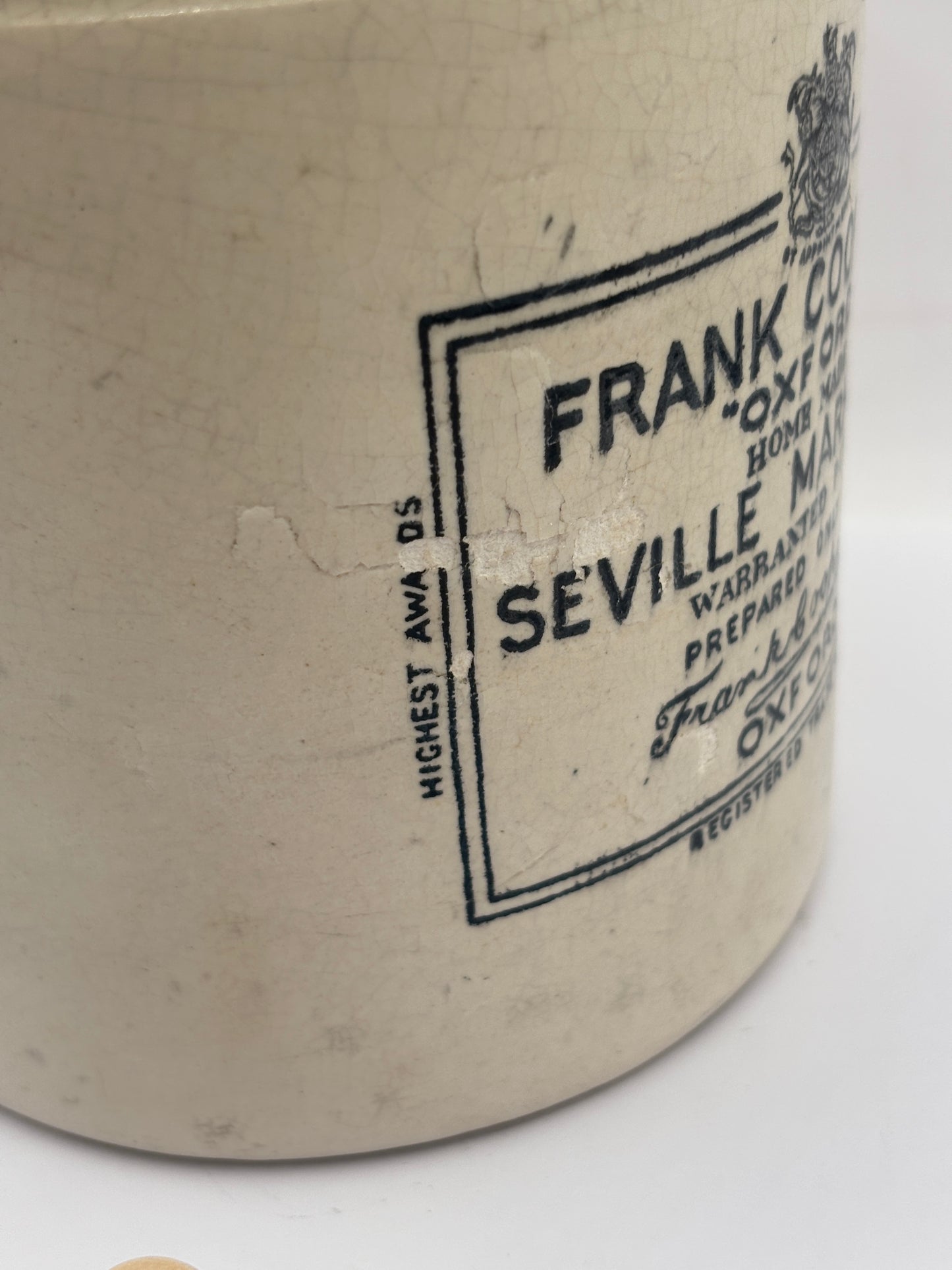 Old 2lb Frank Cooper marmalade jar. Flakey Glazing