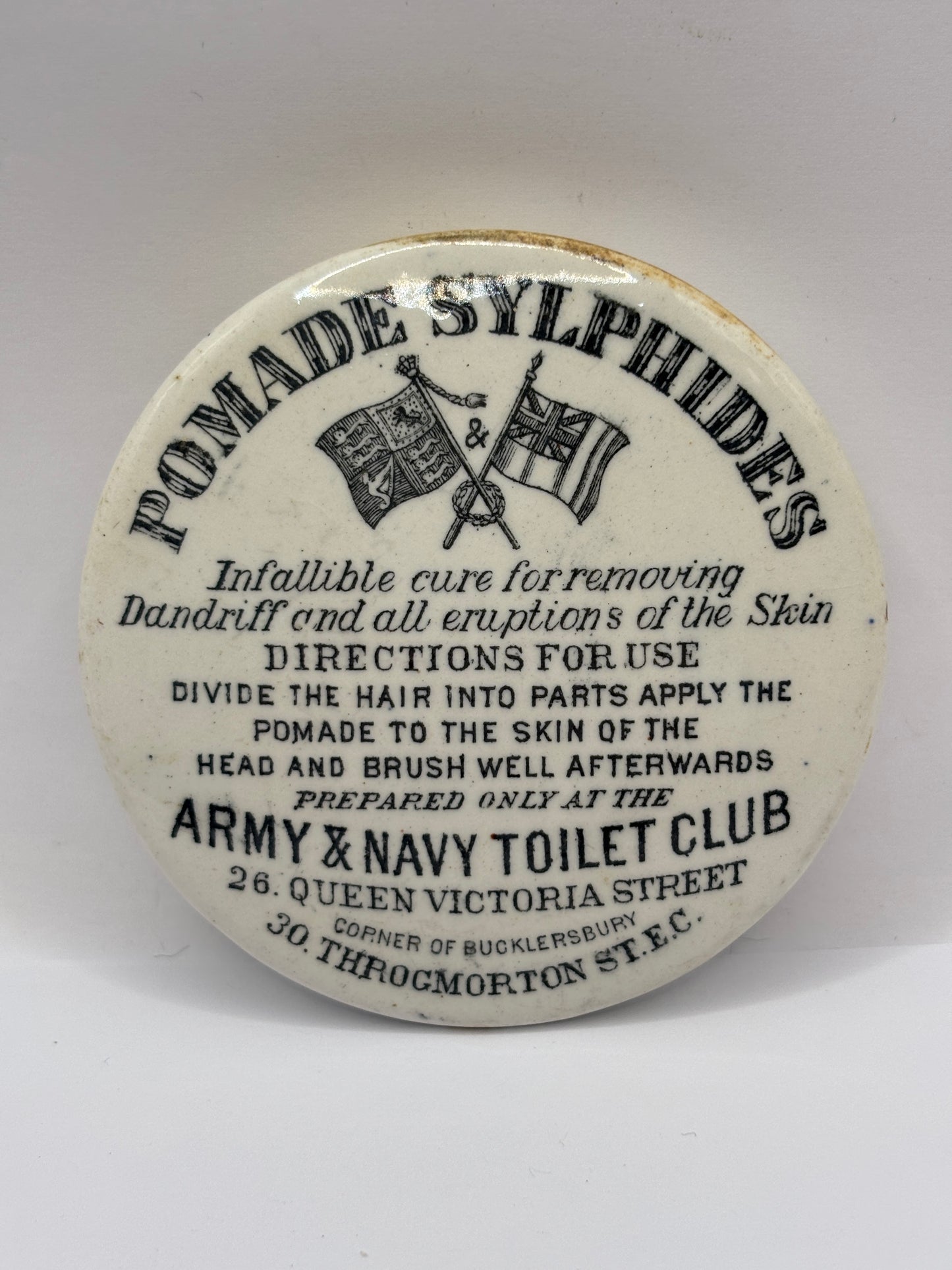 Old advertising lid, Pomade Sylphides. Army & navy toilet club. Repaired