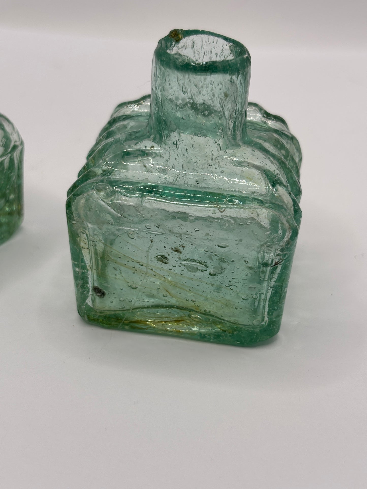 5 old aqua glass inks swirly inks, inkwells, ink bottles, penny ink.