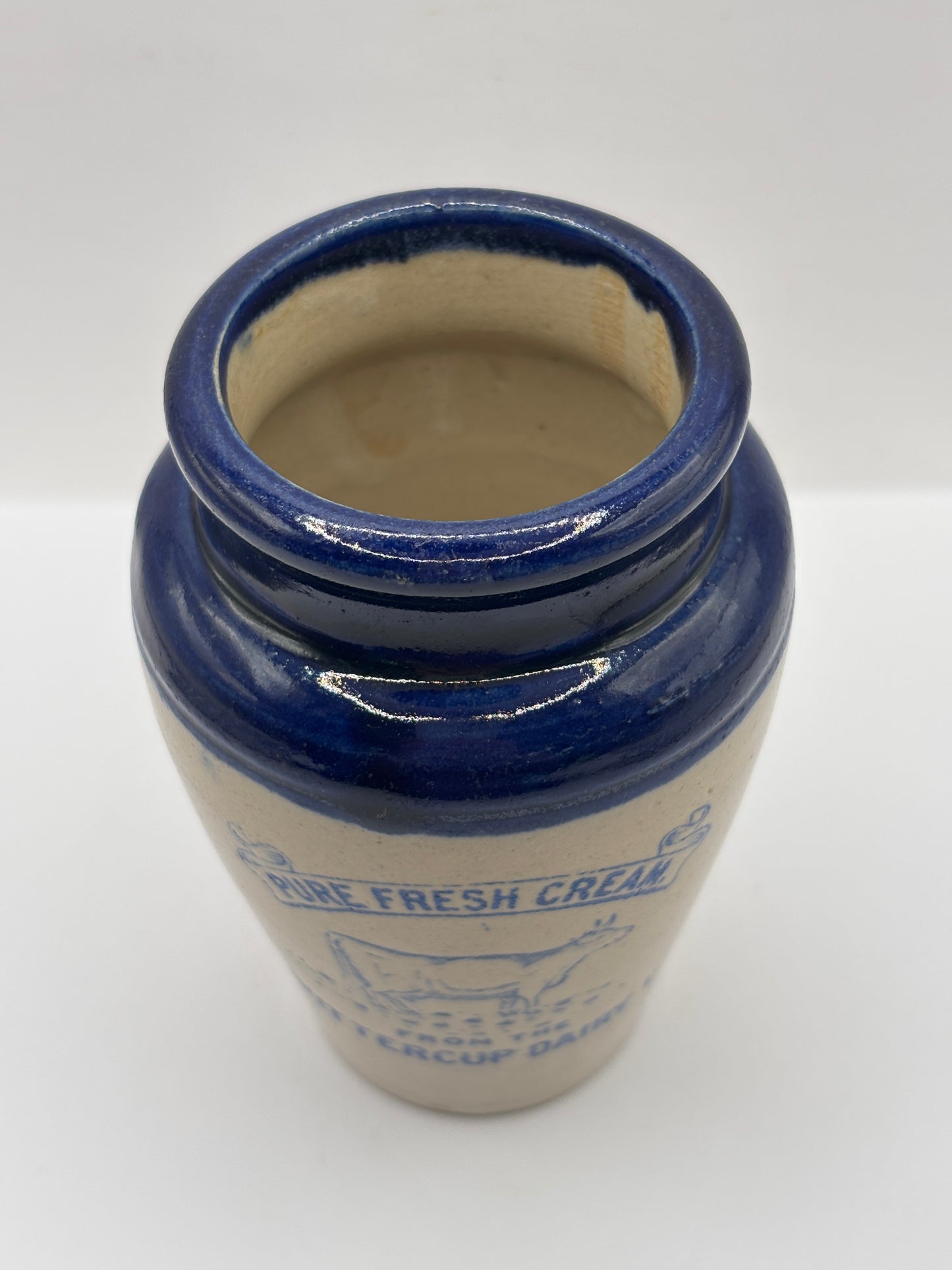 Old blue top advertising cream pot, Pure fresh cream, Buttercup dairy