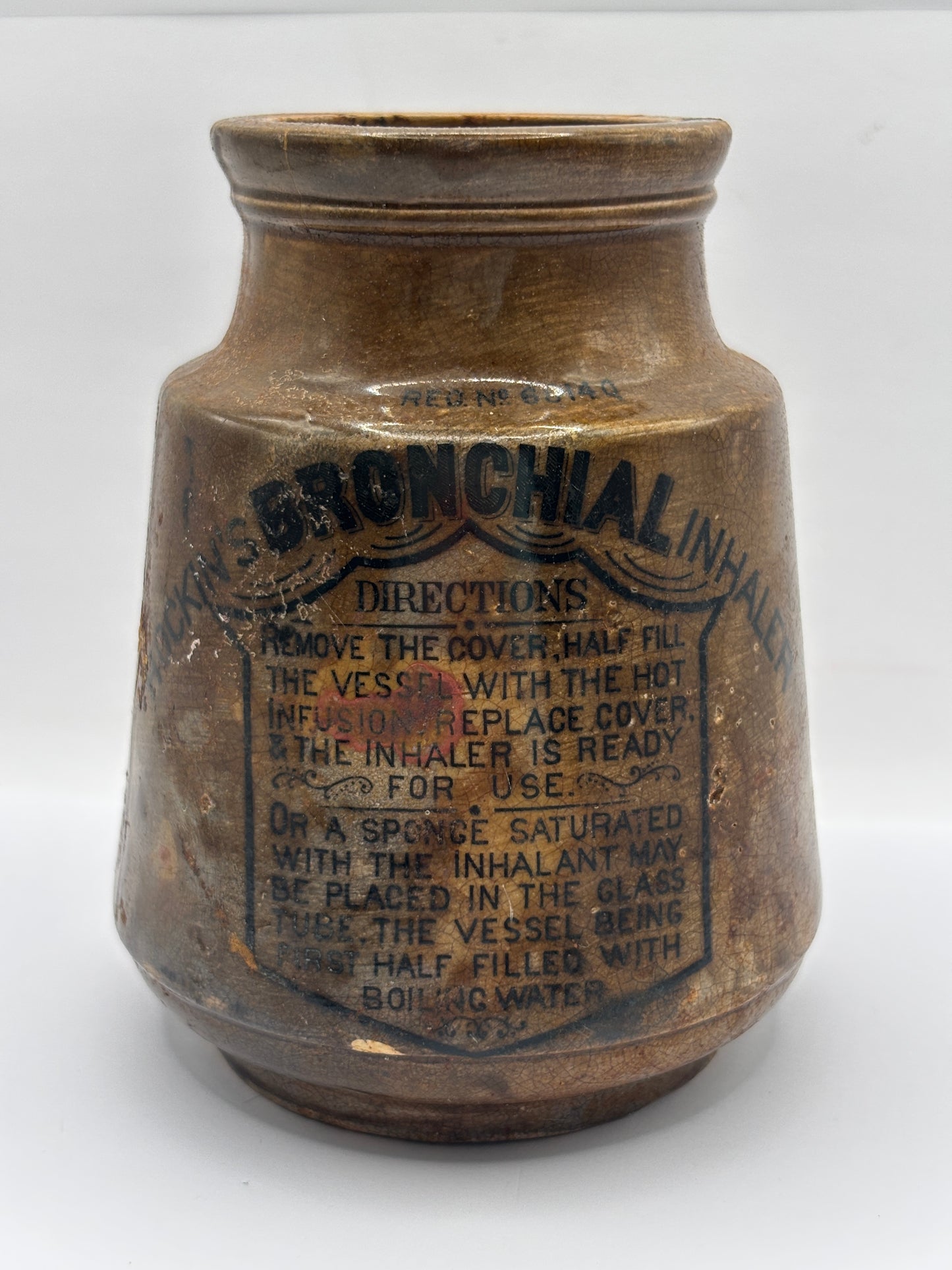 Old stoneware advertising inhaler, Hockins Bronchial inhaler