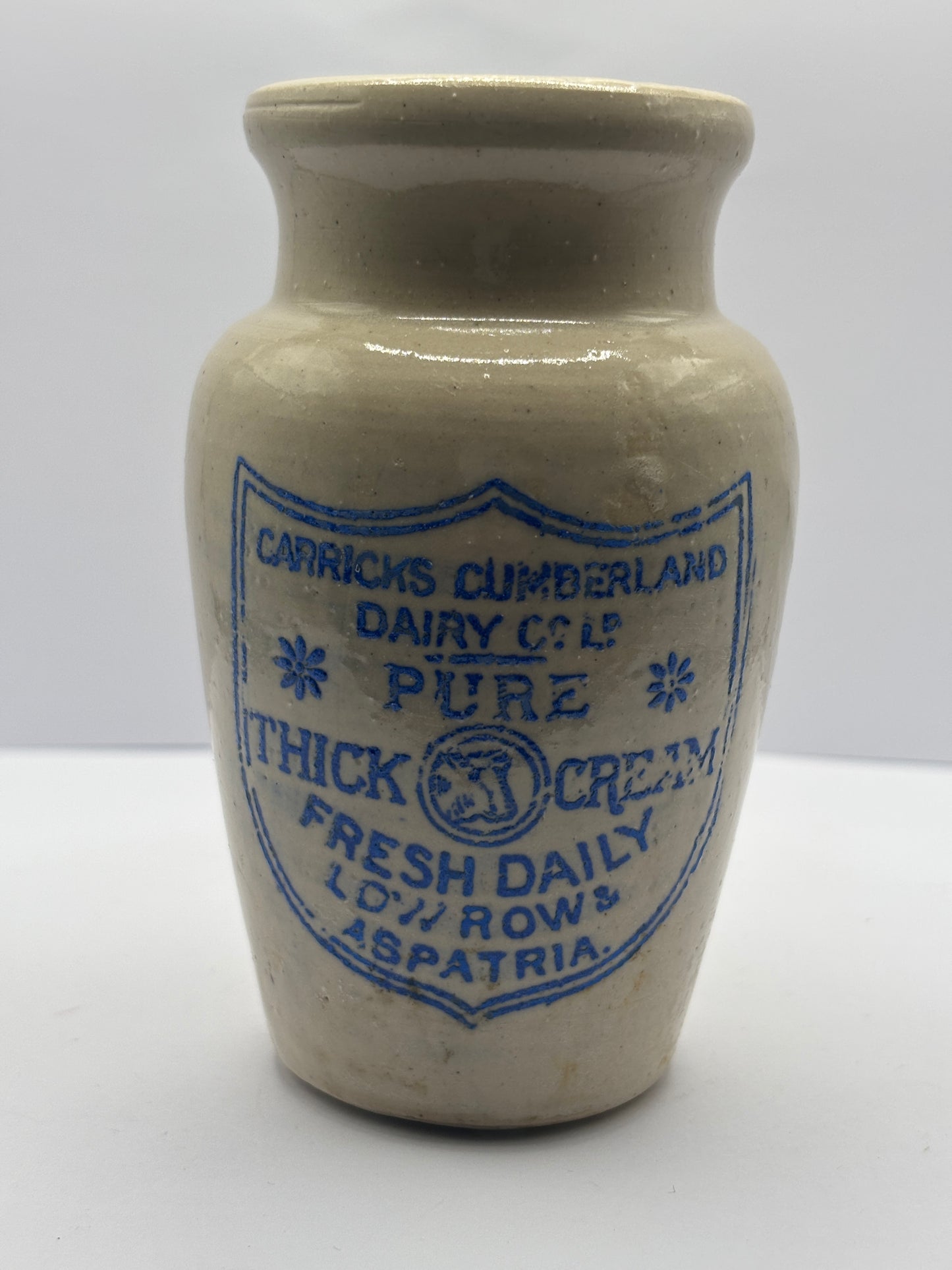 Old blue print advertising stoneware cream pot, Carricks cumberland dairy co, Pure thick cream