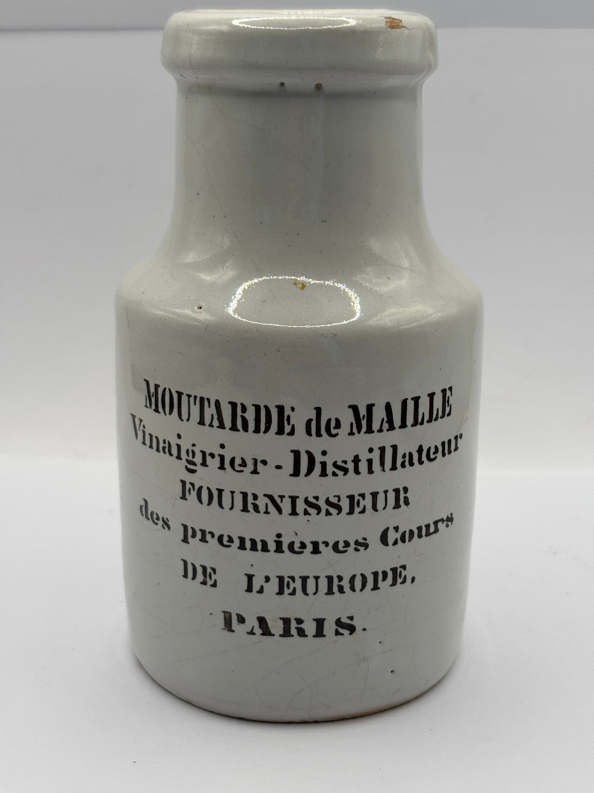 Old stoneware french mustard jar, moutarde de maille