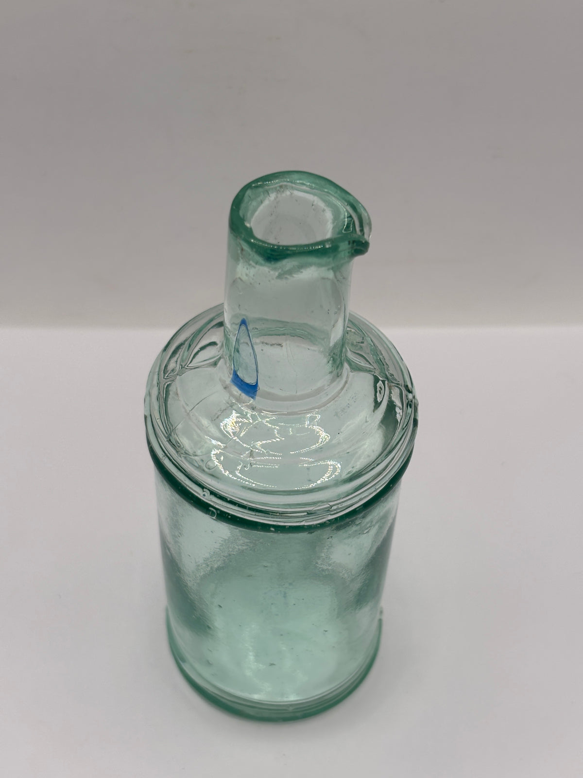 Old tall aqua glass inkwell, ink bottle, pouring ink 14.5cms
