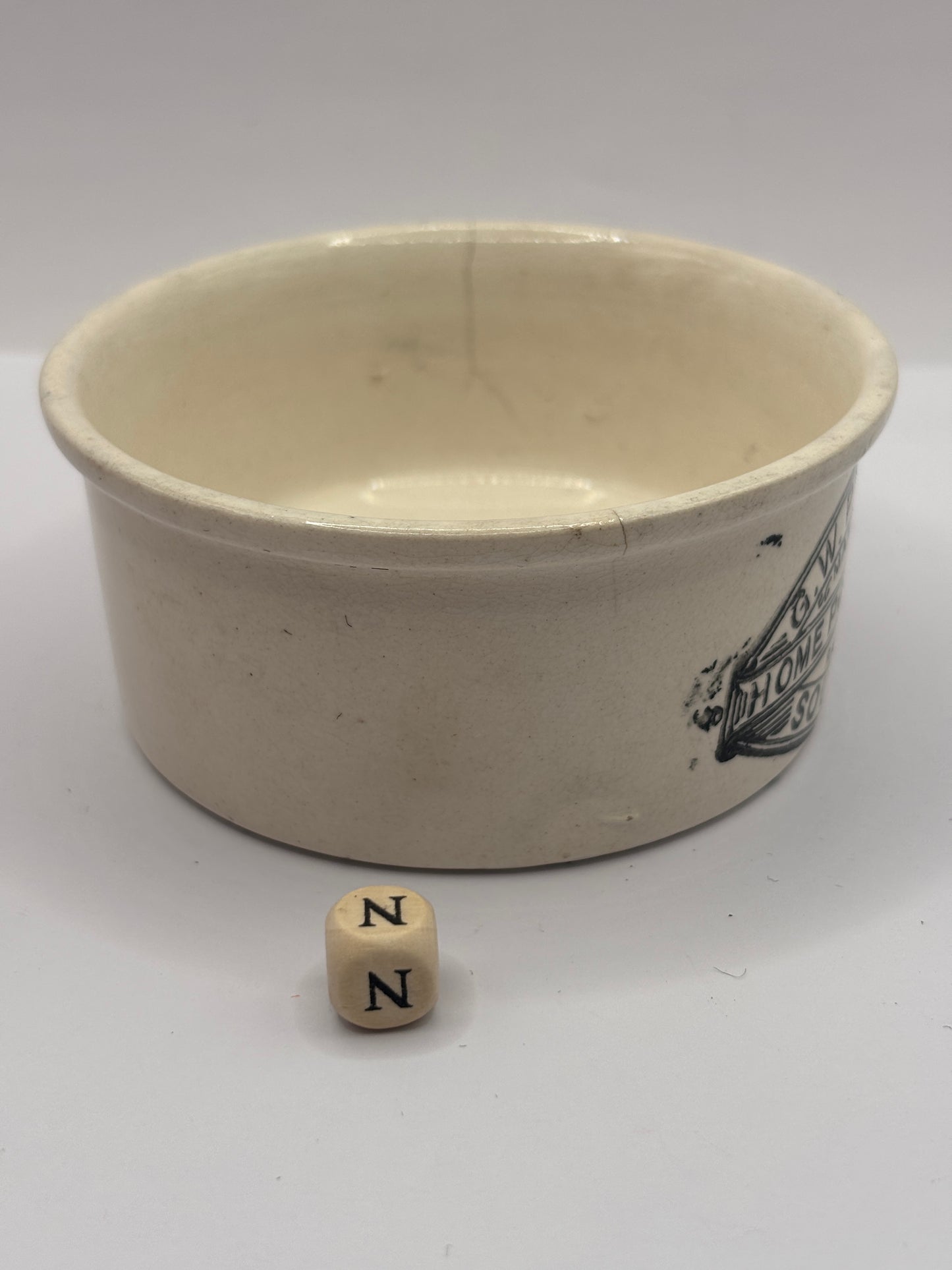 Old advertising meat paste pot, plumtrees (N) damaged
