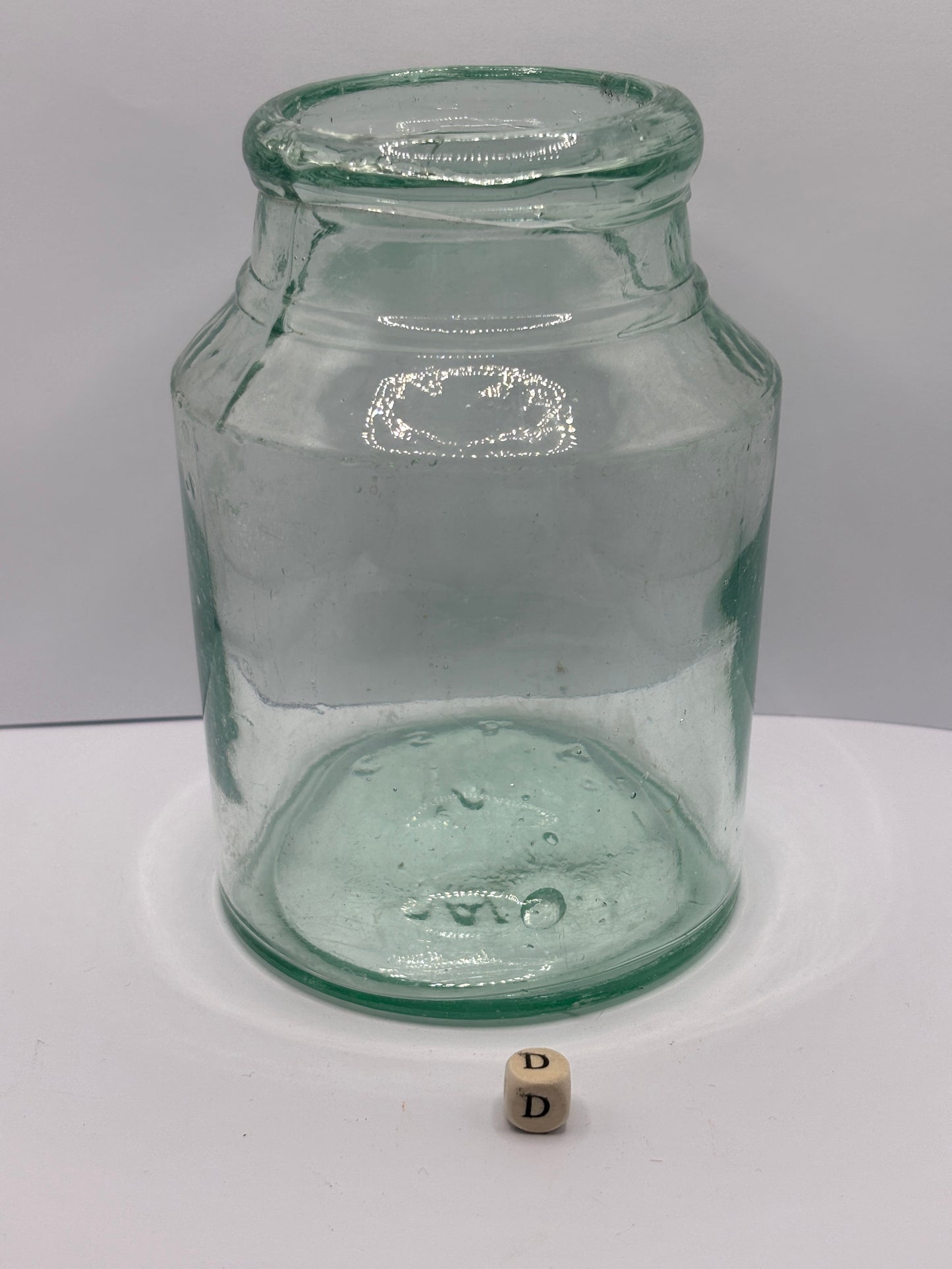 Old aqua glass jam jar (D)
