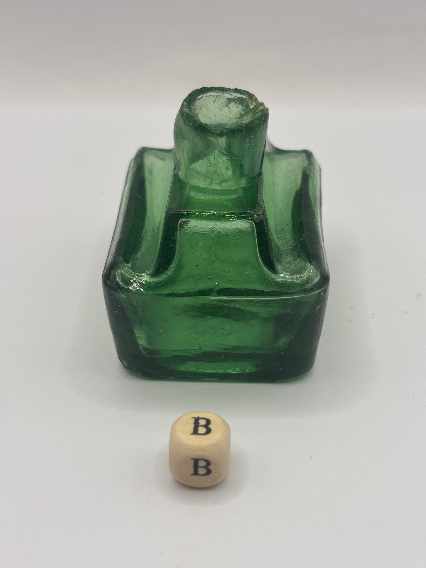 Old green glass boat ink, inkwell (B) small damage