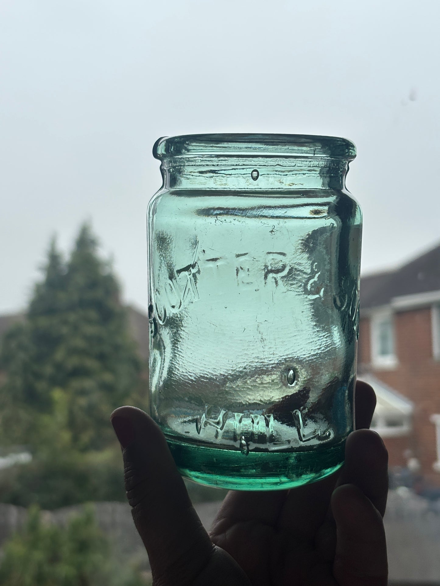 Old 1lb aqua glass advertising pickle jar (a) Scotter & son Hull