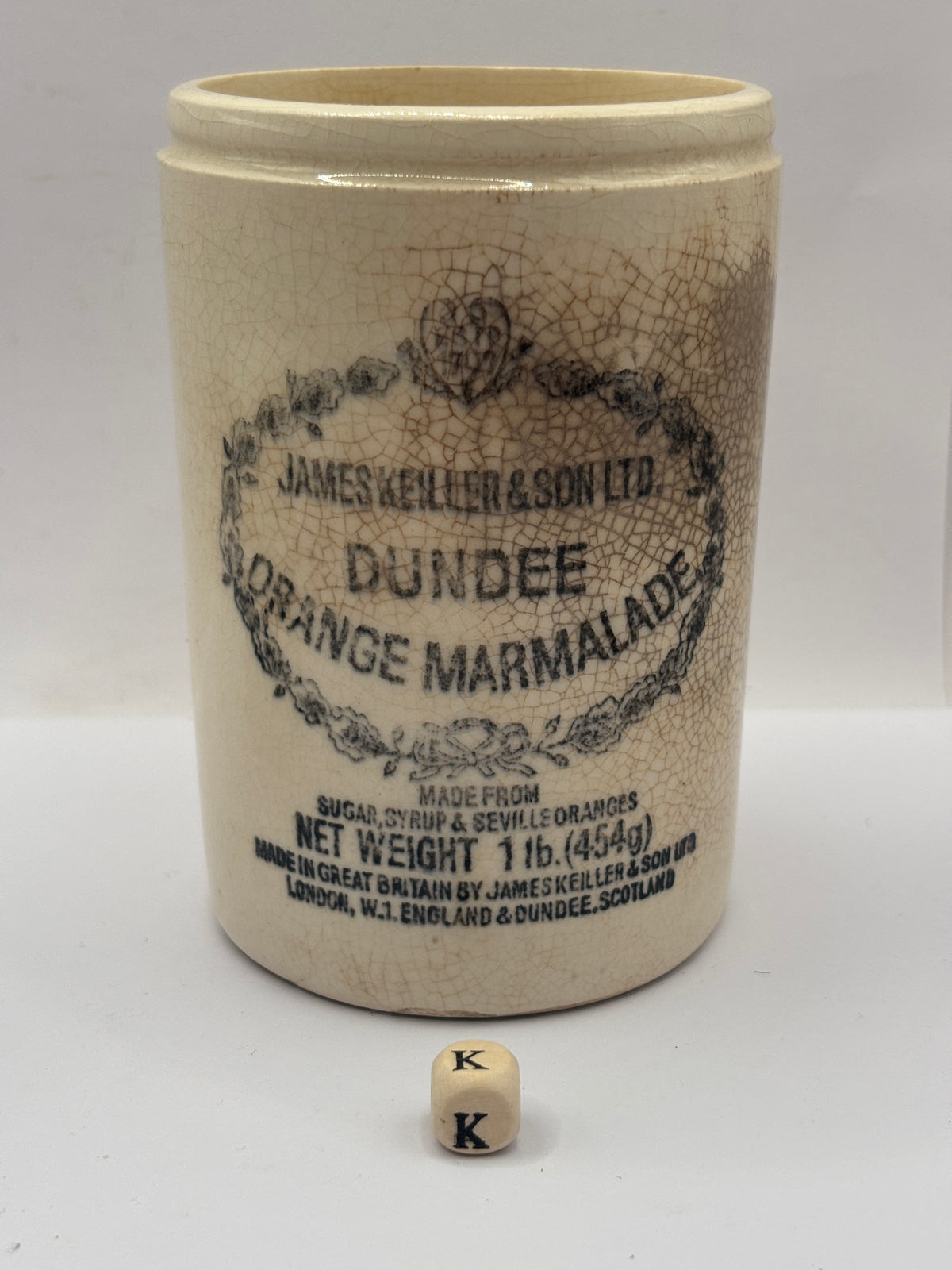 Old 1lb stoneware marmalade pot, James Keiller Dundee marmalade (K)