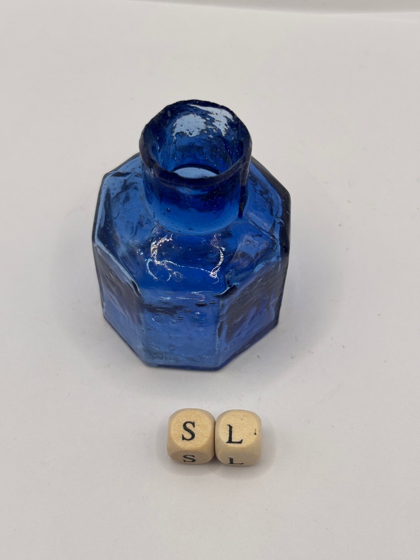 Old blue glass ink bottle, inkwell, penny ink (SL)