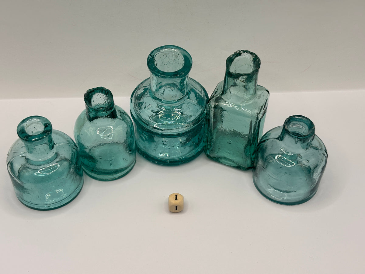 5 old dark aqua glass inks, inkwells, ink bottles, penny ink (i)