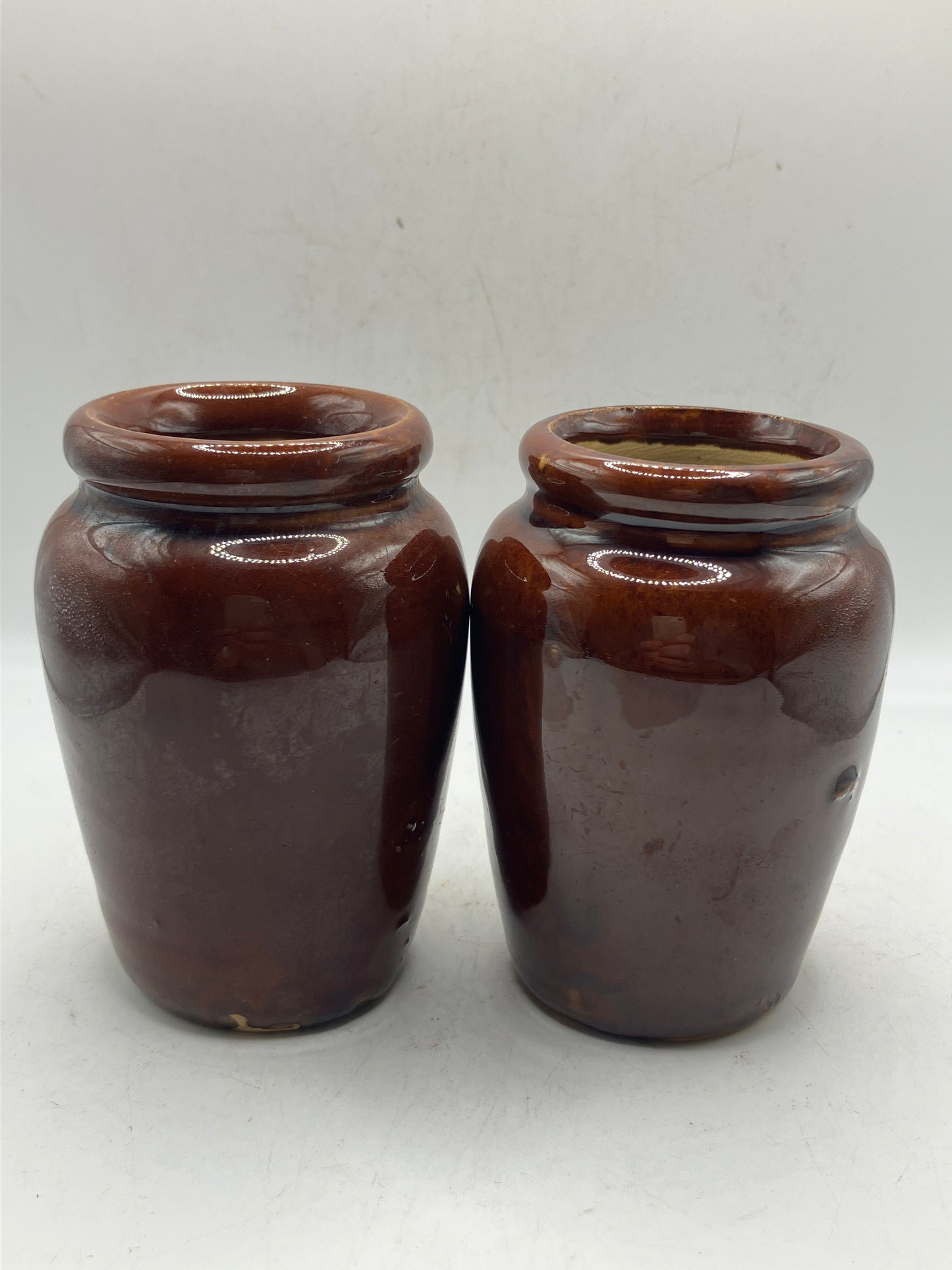 2 brown stoneware cream pots, western countries creameries