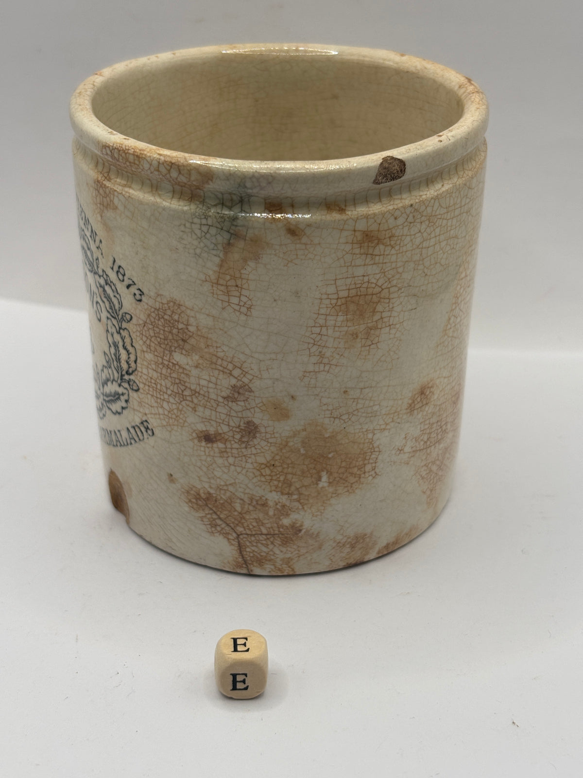 Old 1lb stoneware marmalade pot, James Keiller Dundee marmalade (e) chipped