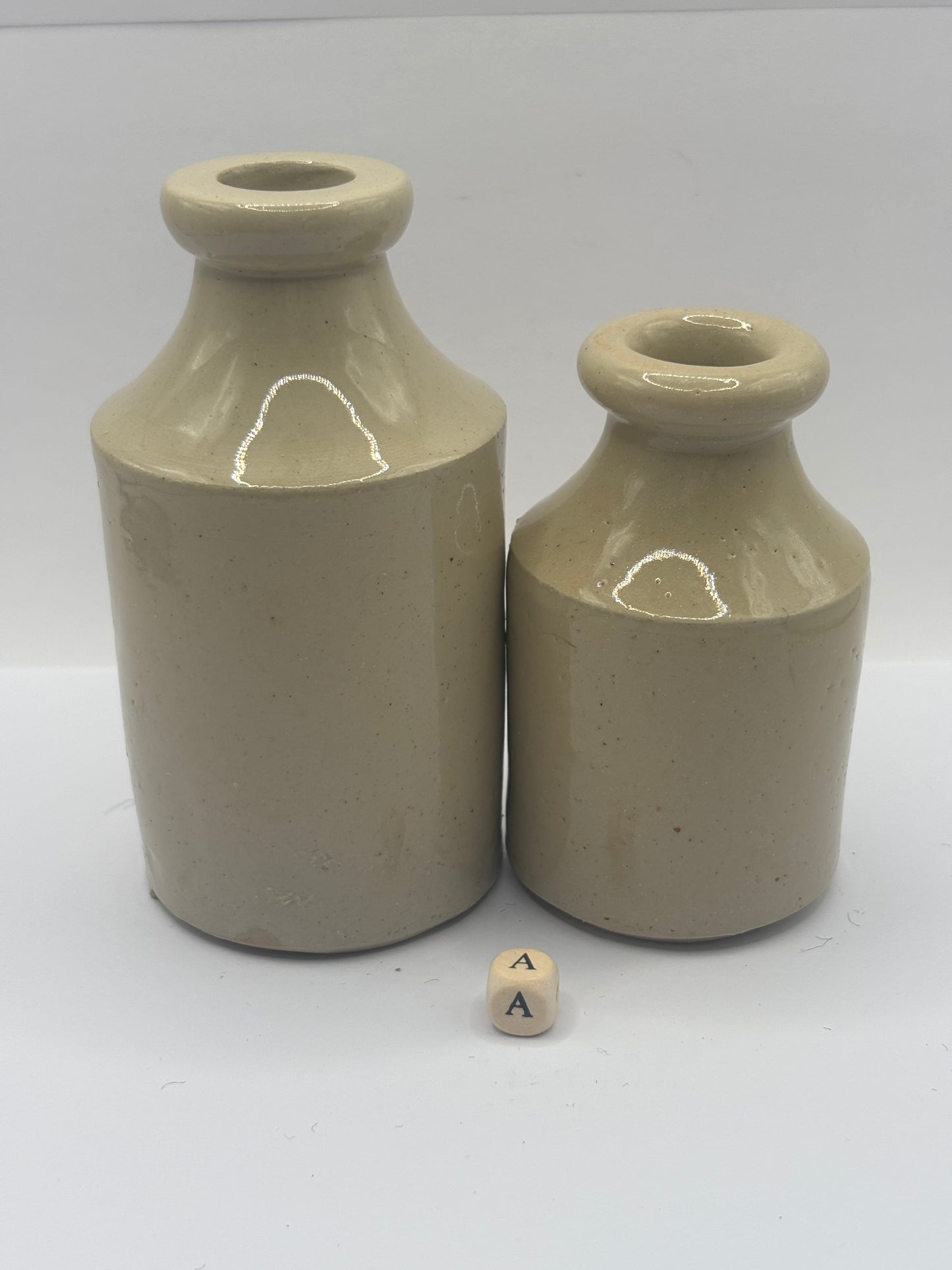 2 old off white stoneware furniture cream pots, bottles (a)