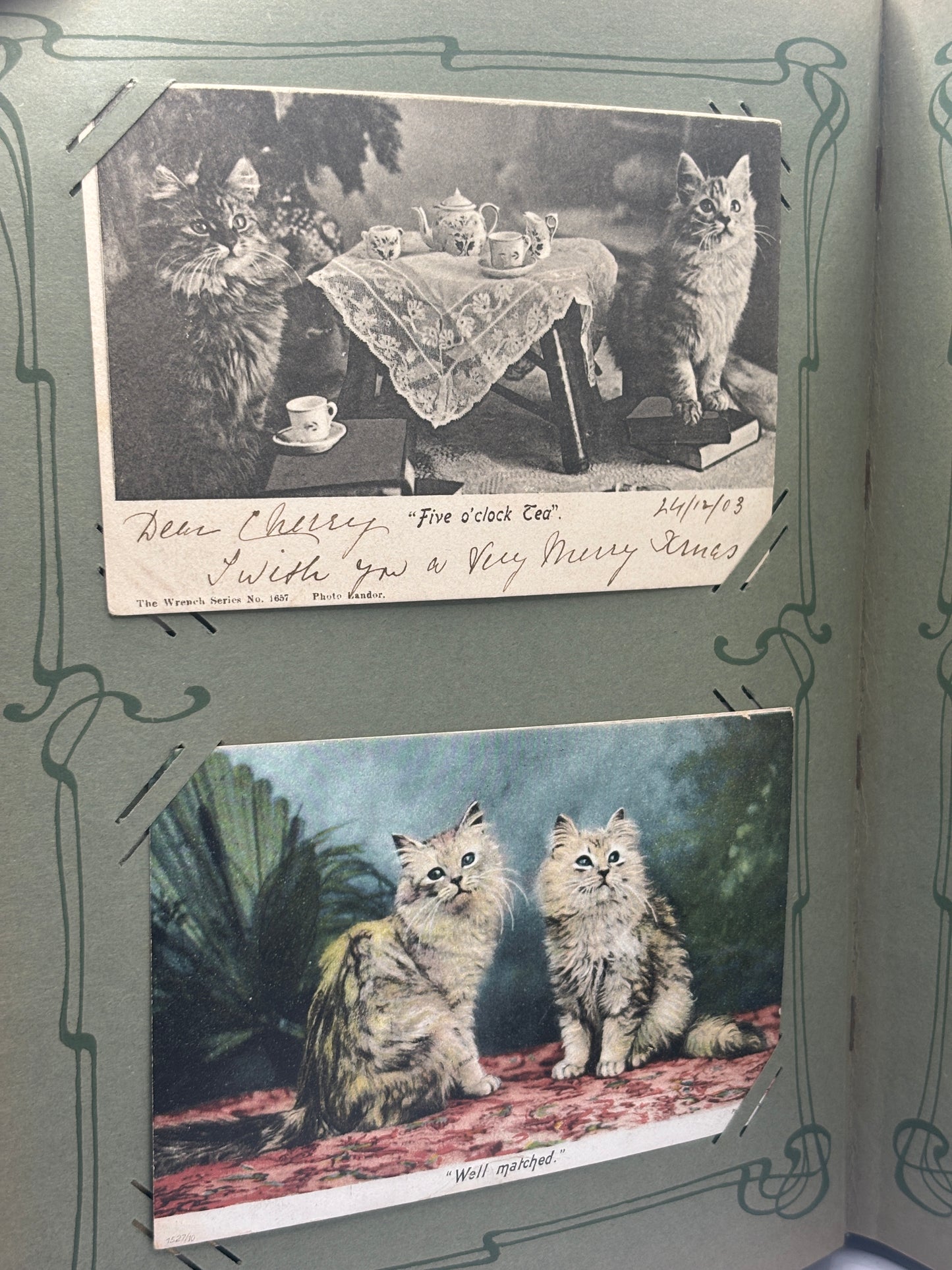 Old postcard album, dogs & cats. 158 postcards