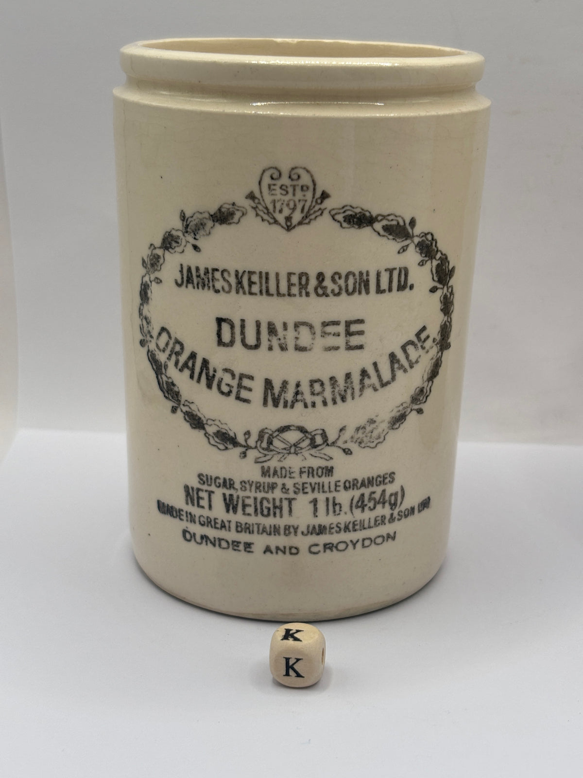 Old 1lb stoneware marmalade pot, James Keiller Dundee marmalade (K)