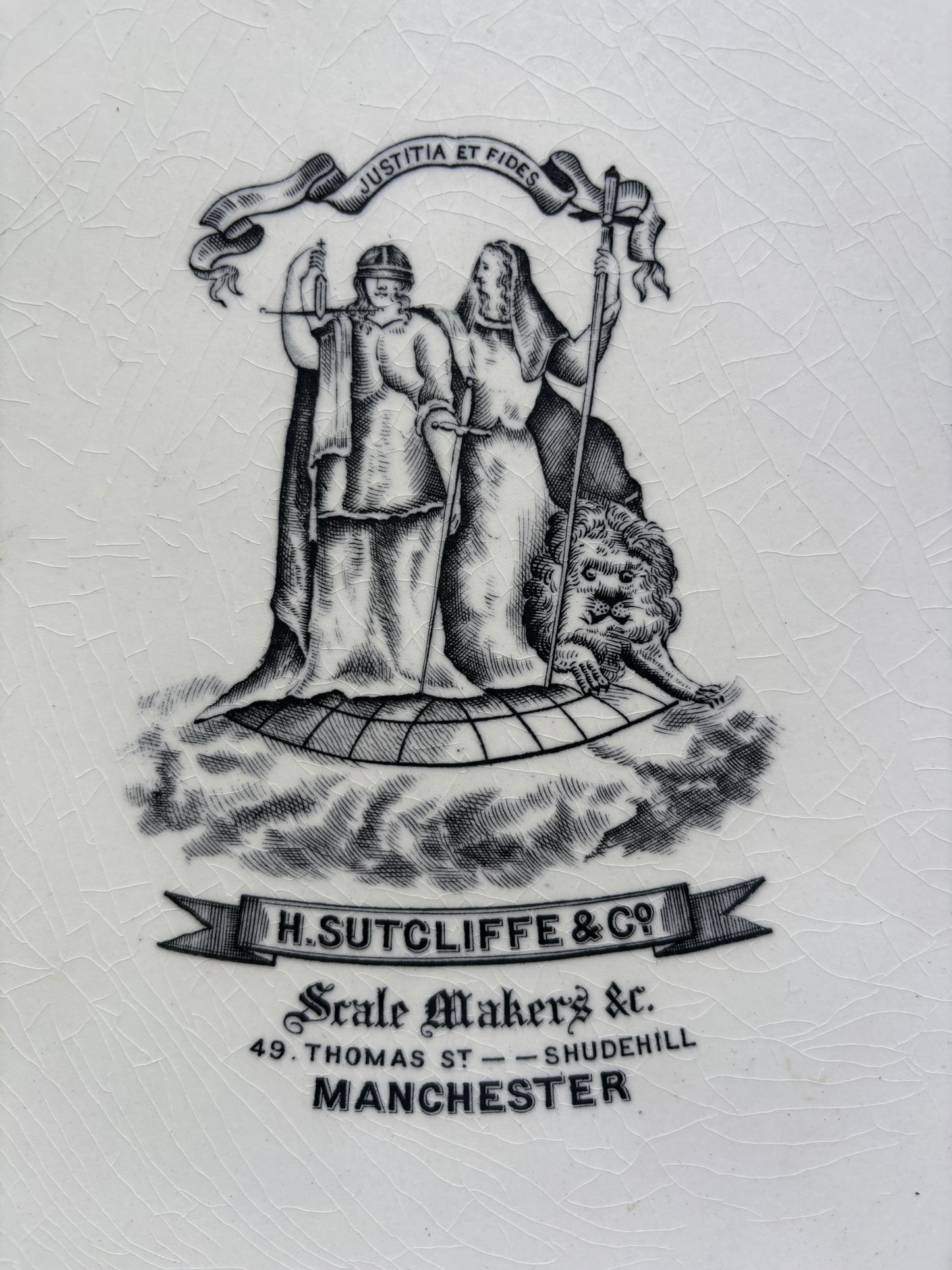 Old ironstone advertising scale plate. Sutcliffe & co scale makers manchester