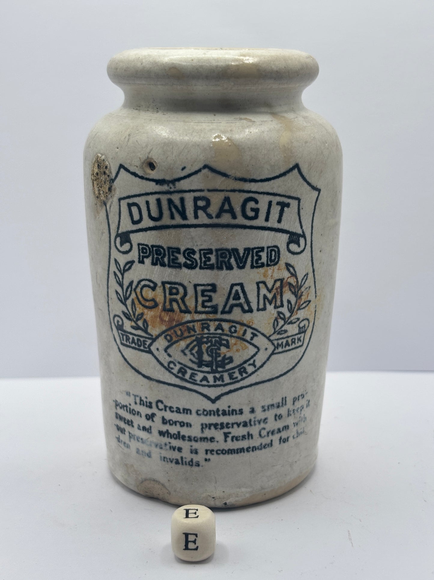 Old Dunragit stoneware cream pot (E) damaged