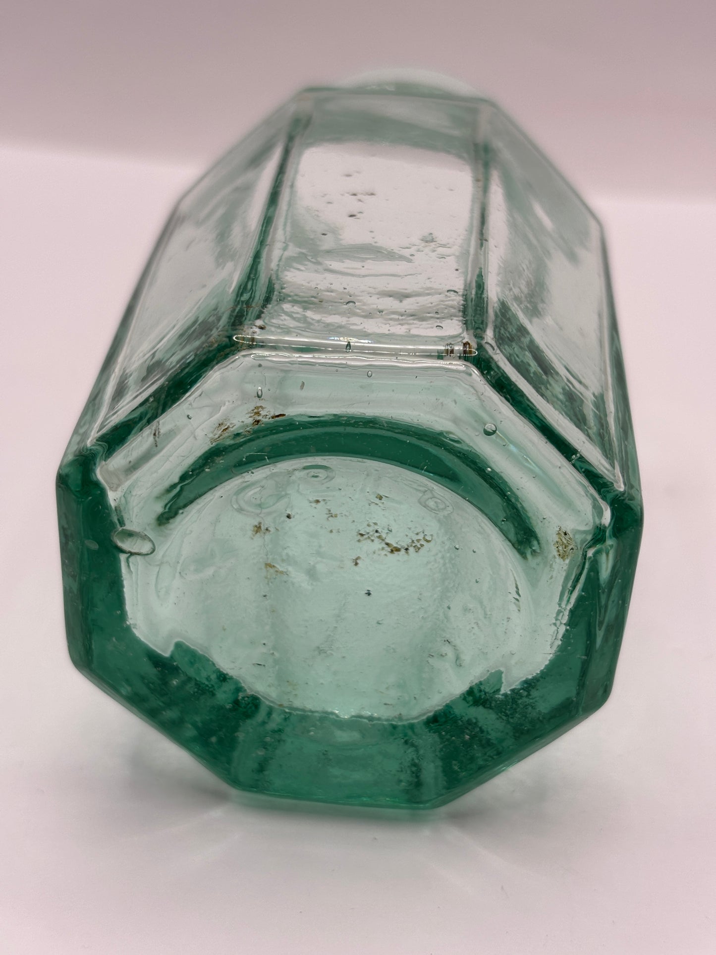 Old aqua glass mini pickle jar 11cms