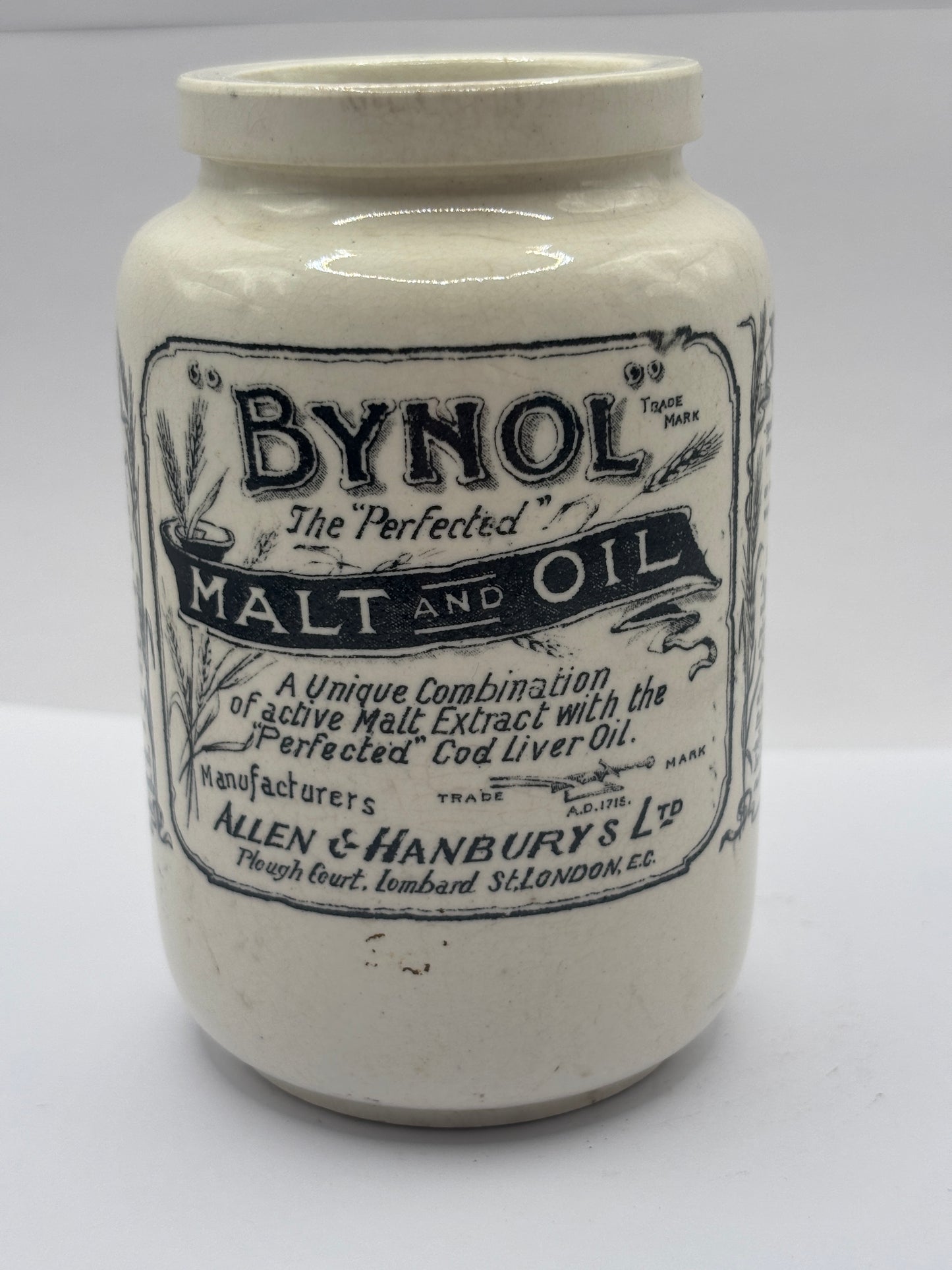 Old advertising jar, Bynol the perfected malt & oil