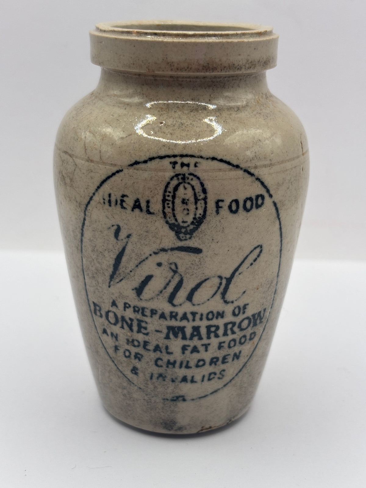 Old advertising stoneware Virol pot, 10.5cms