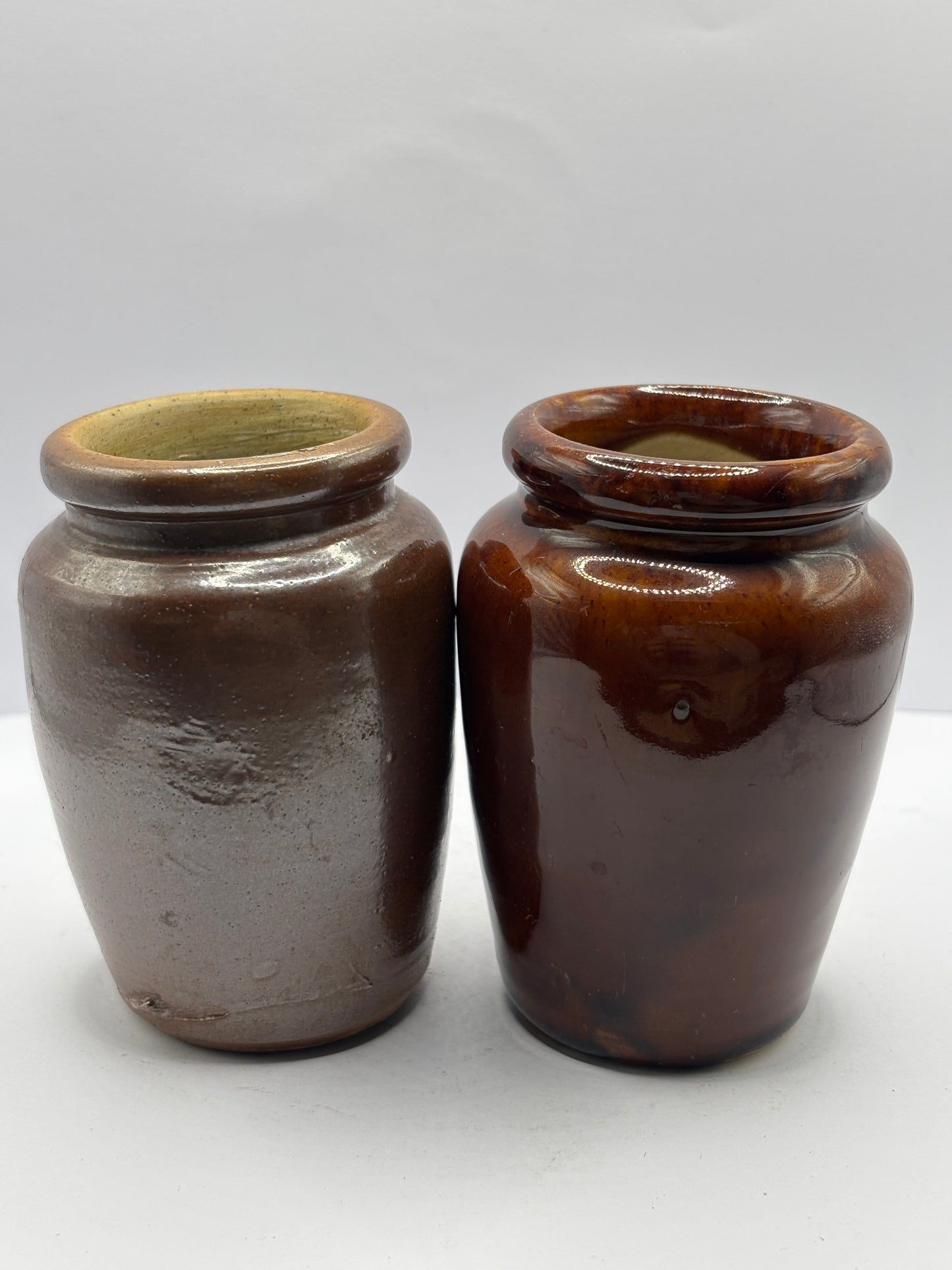 2 old brown stoneware cream pots, west counties creameries