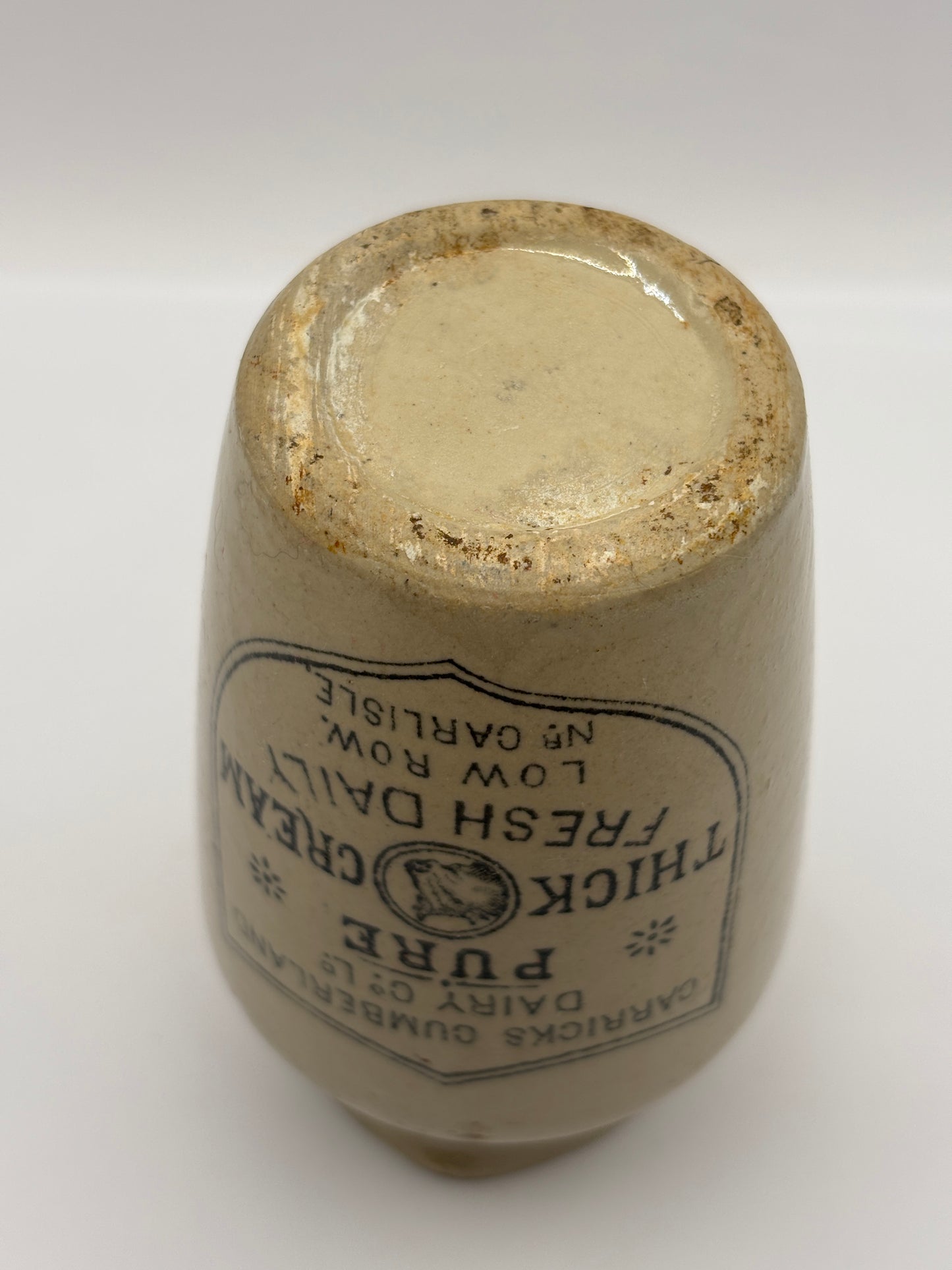 Old advertising cream pot, Carricks pure thick cream with handle. Black print 10cms