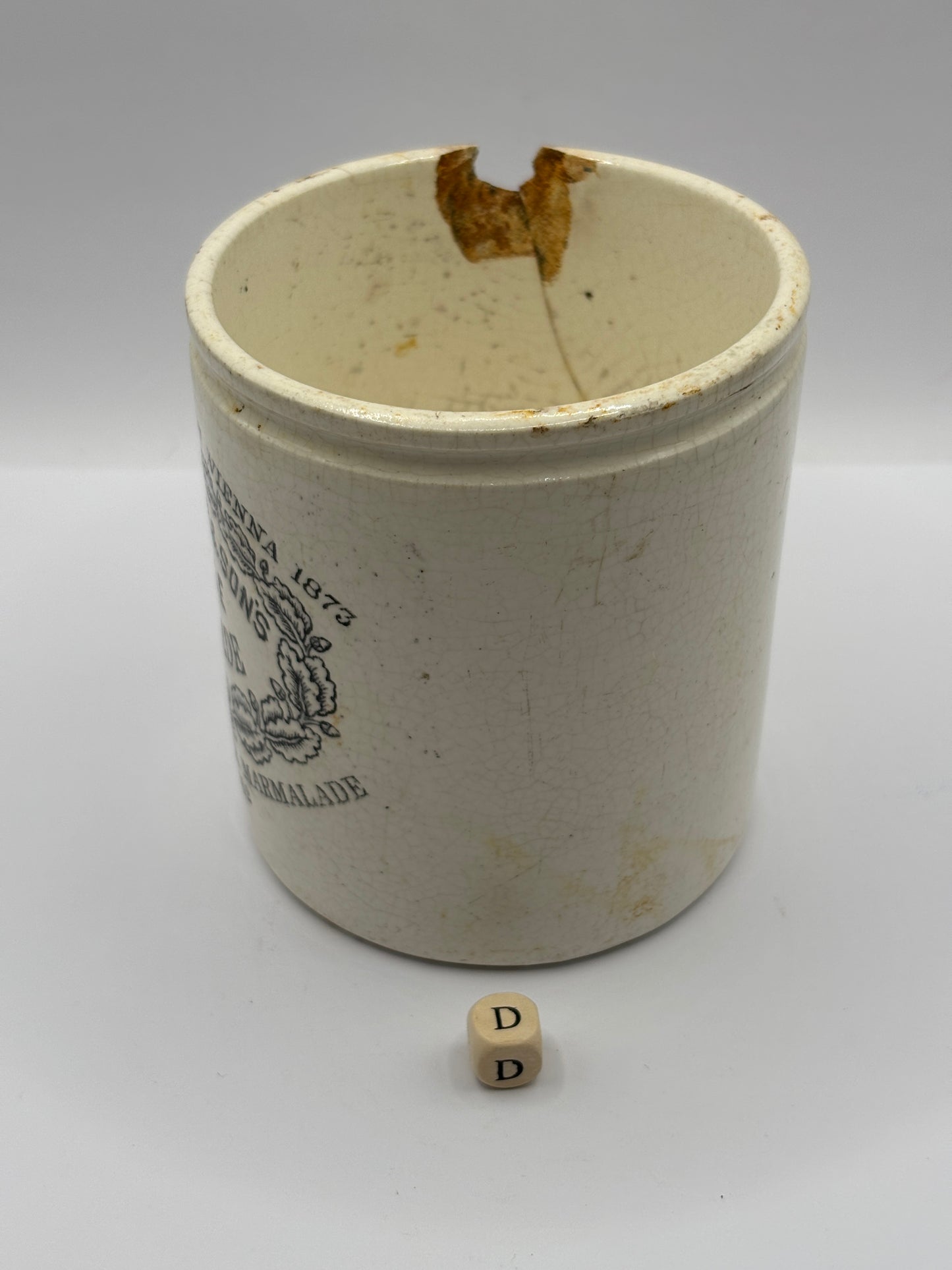 Old 1lb James Keiller Dundee marmalade jar. Damaged (D)