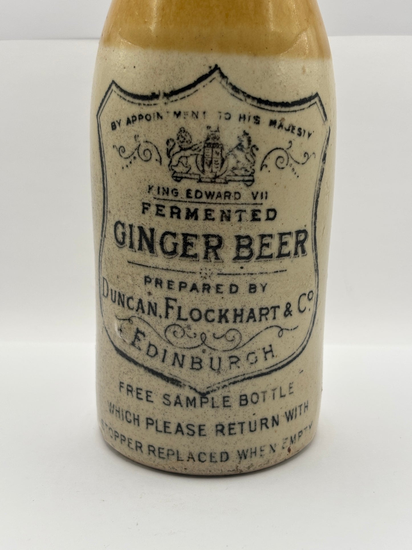 Old stoneware ginger beer bottle, Fermented ginger beer. Duncan Flockhart & Co. Edinburgh