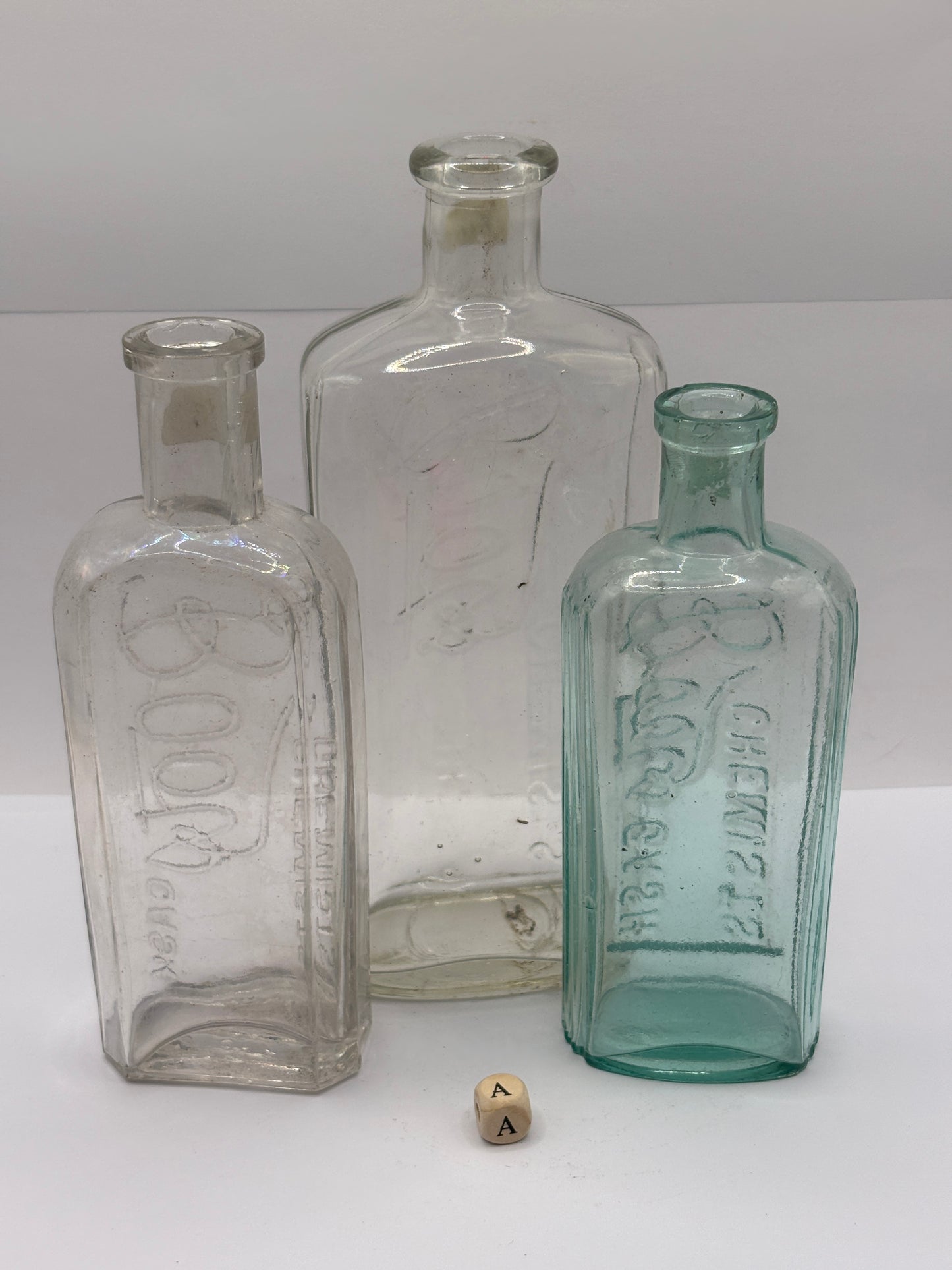 3 Old glass Boots cash chemists bottles (A)