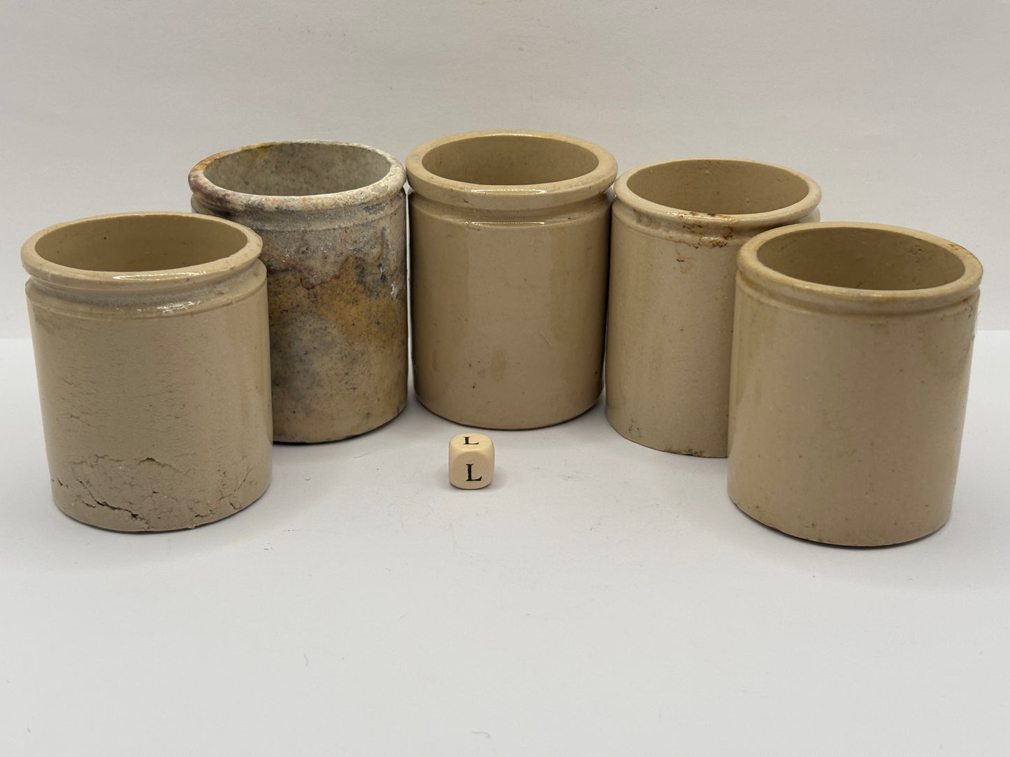 5 old white stoneware jars & pots (L)