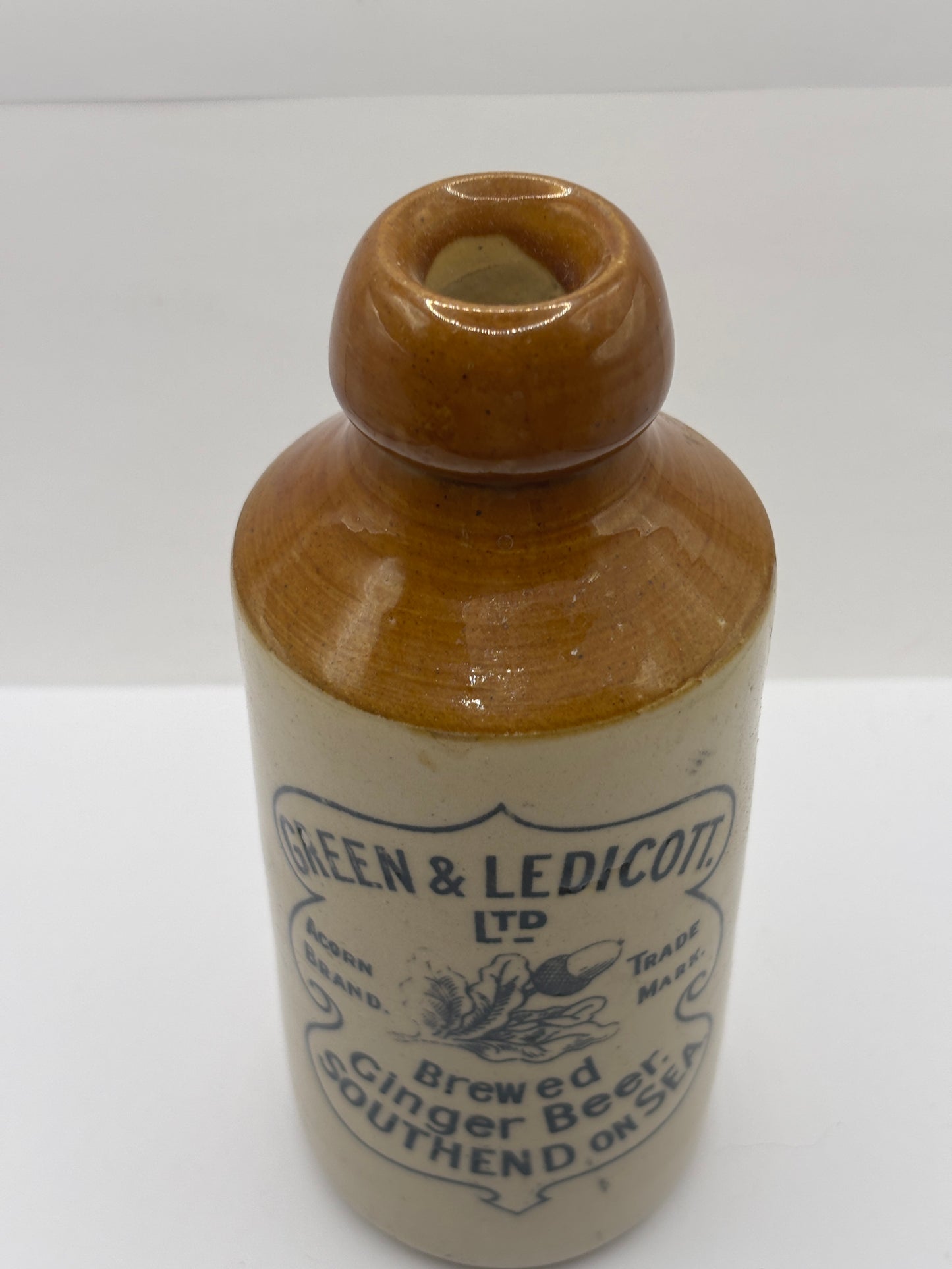 Old stoneware ginger beer bottle, Green & Ledicott brewed ginger beer. Southend on sea