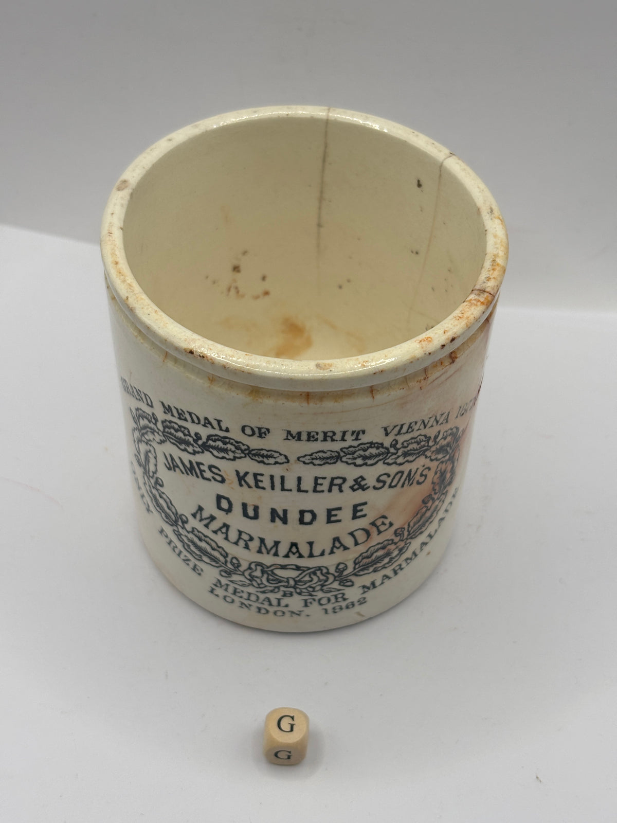 Old 1lb stoneware marmalade pot, James Keiller Dundee marmalade (G) damaged
