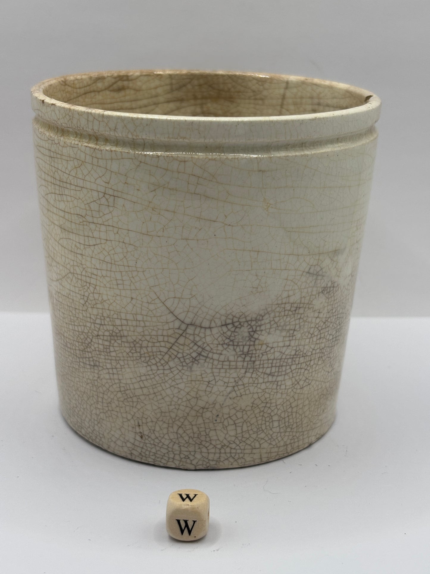 Old plain stoneware marmalade jar, super stained & crazed