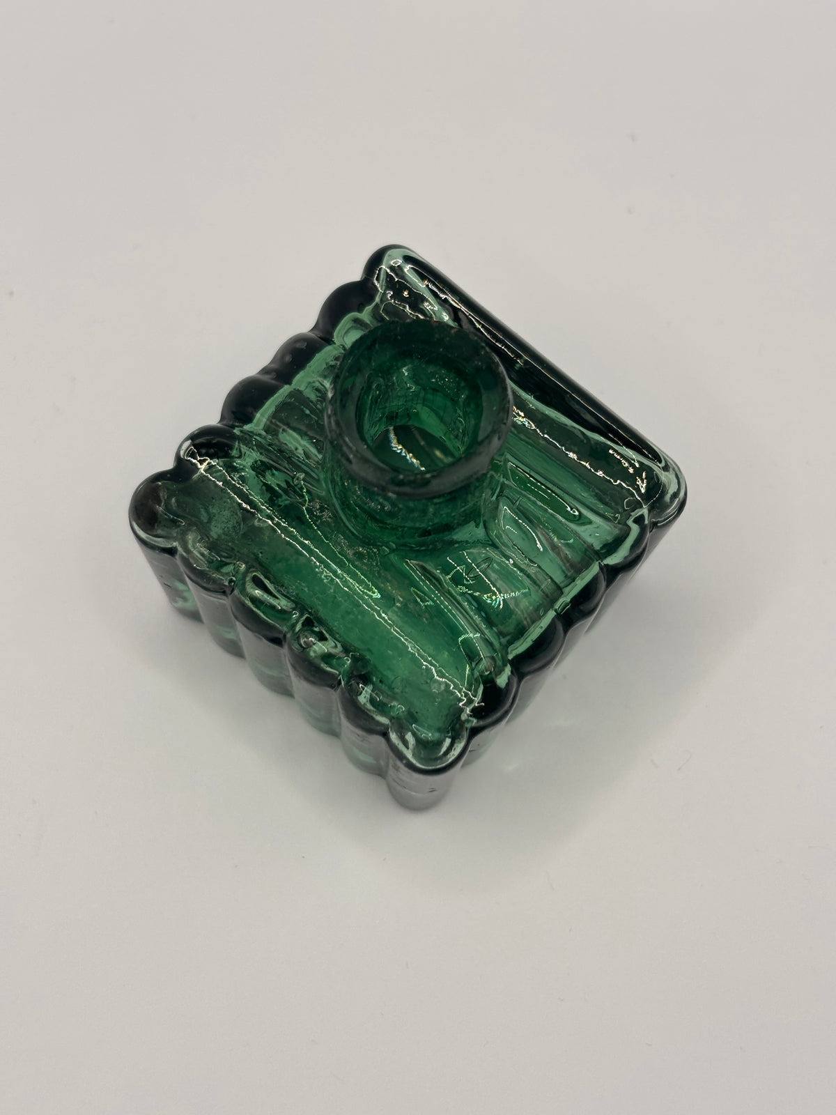 Old dark green glass inkwell, ink bottle, penny ink