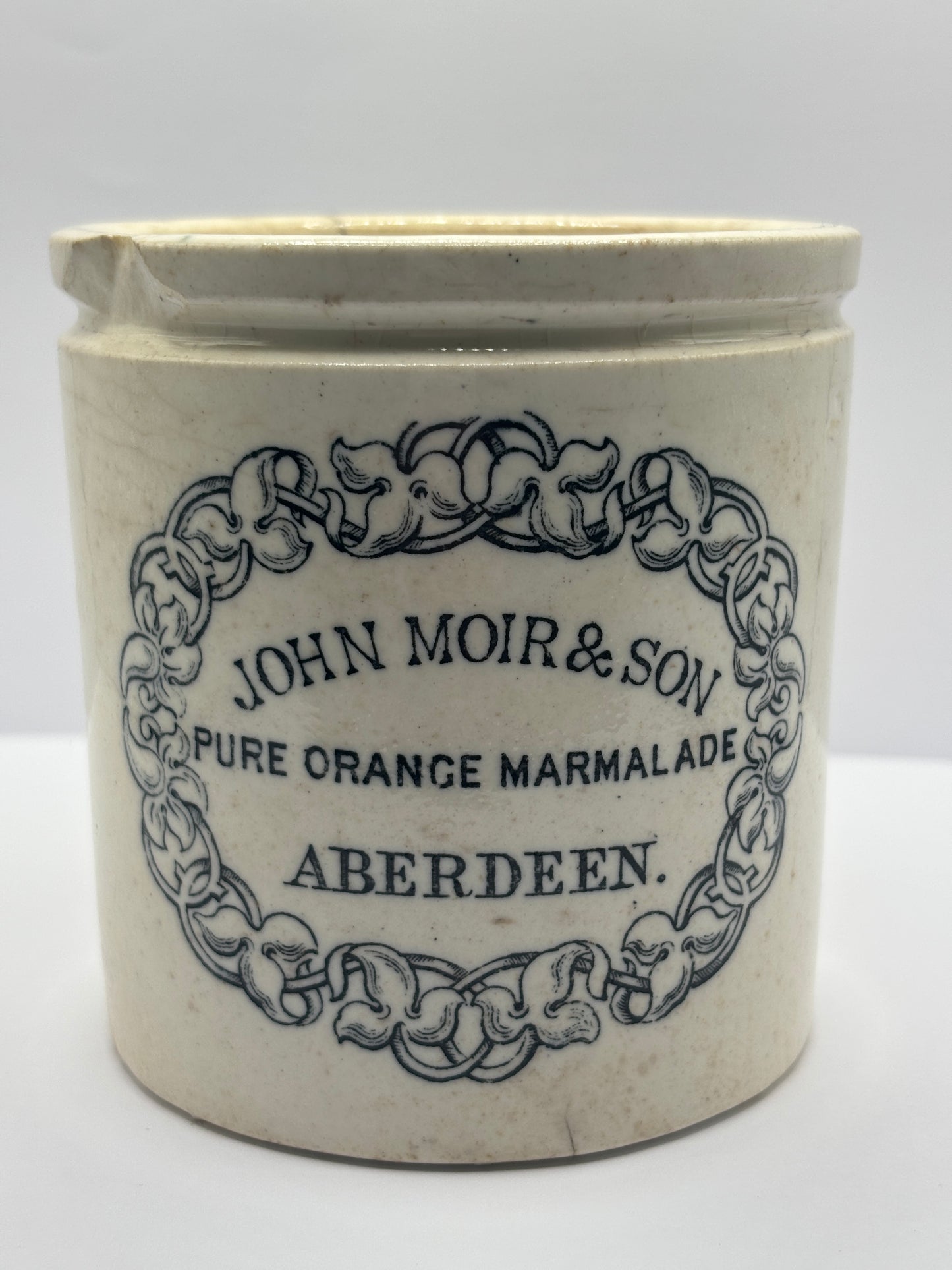 Rare John moir advertising marmalade jar, Pure orange marmalade. Damaged/ repaired