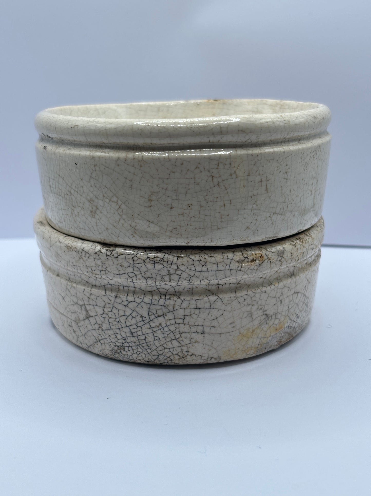 2 old stained & crazed meat paste pots