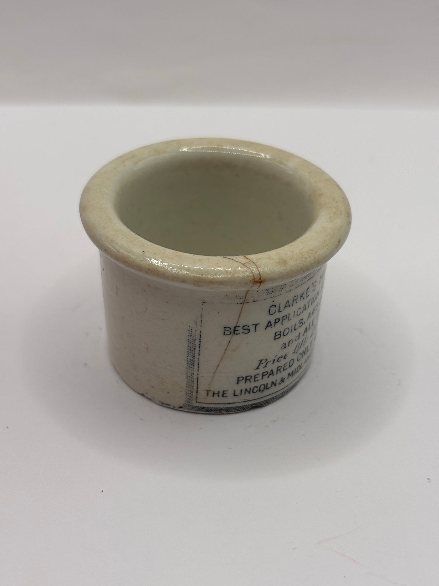 Old advertising ointment pot, clarkes miraculous salve ointment. Damaged