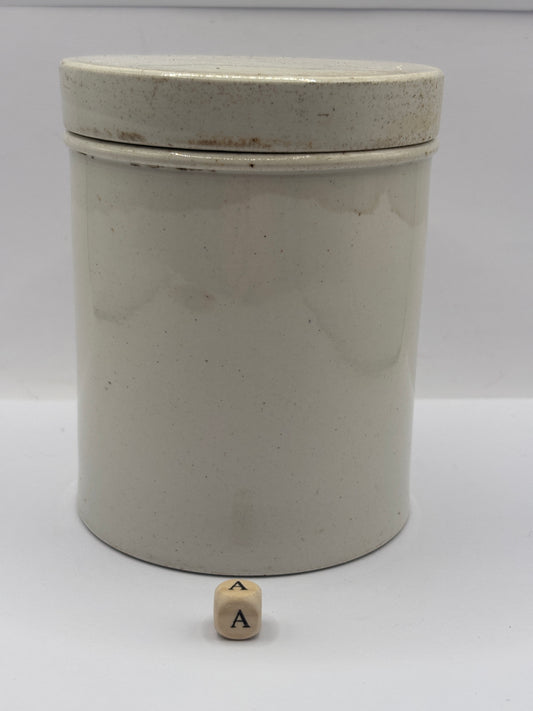 Old plain white stoneware apothecary jar & lid (a)
