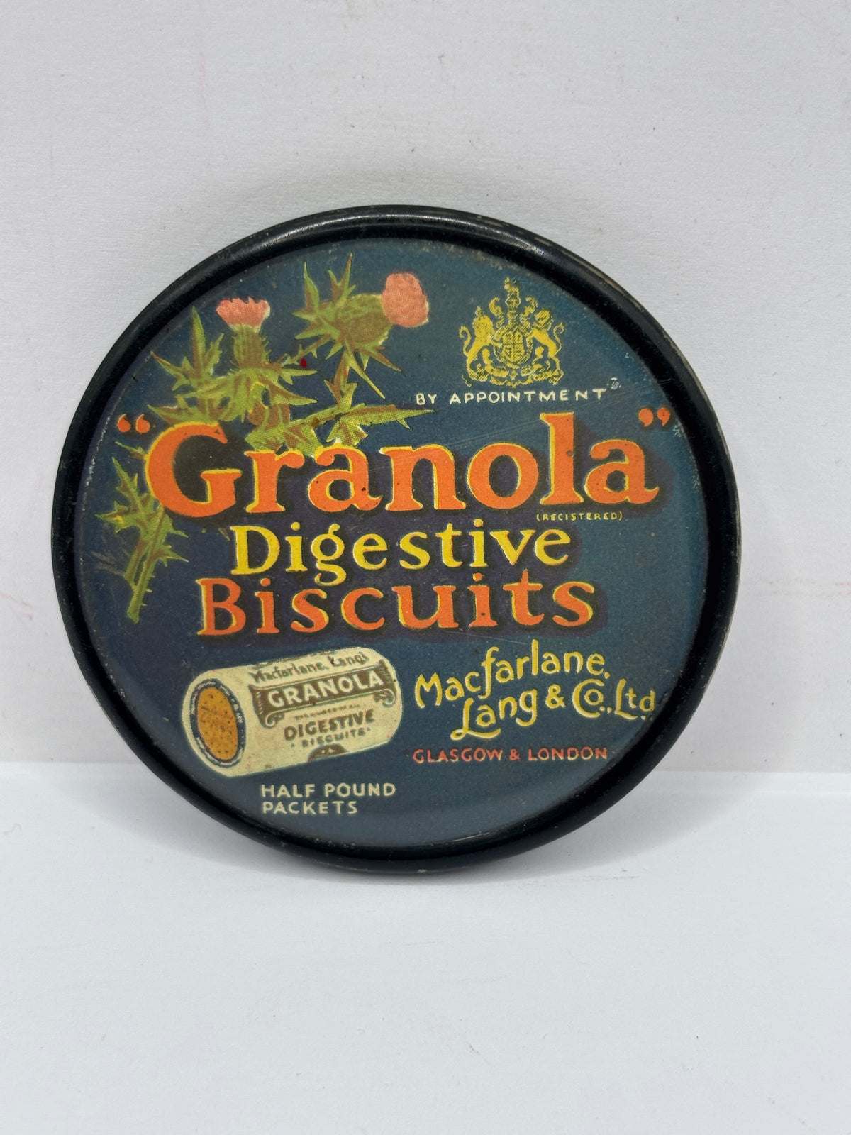 Old mini advertising mirror, small purse/bag mirror. Granola digestive biscuits