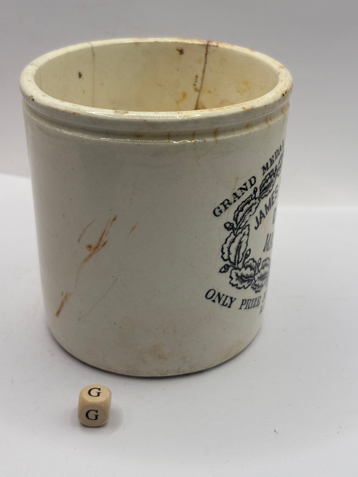 Old 1lb stoneware marmalade pot, James Keiller Dundee marmalade (G) damaged
