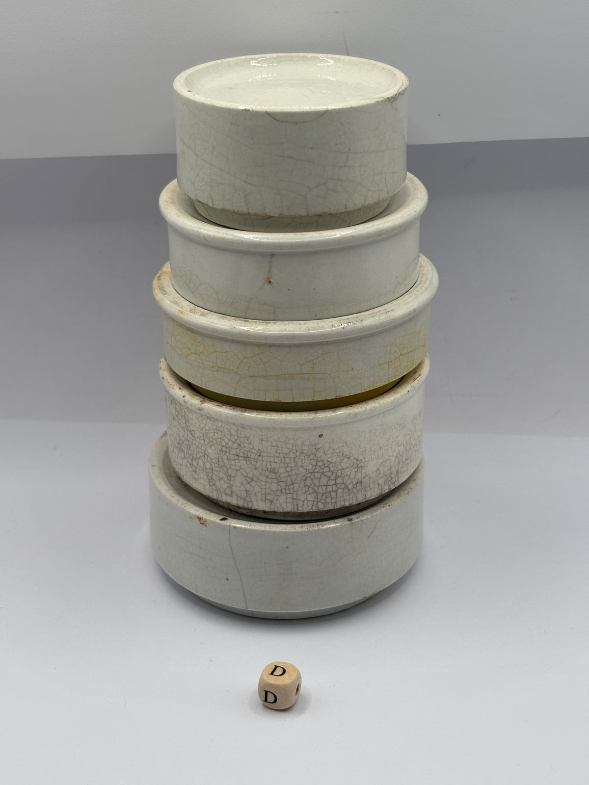 5 old stoneware pot lid bases, stackers (D)