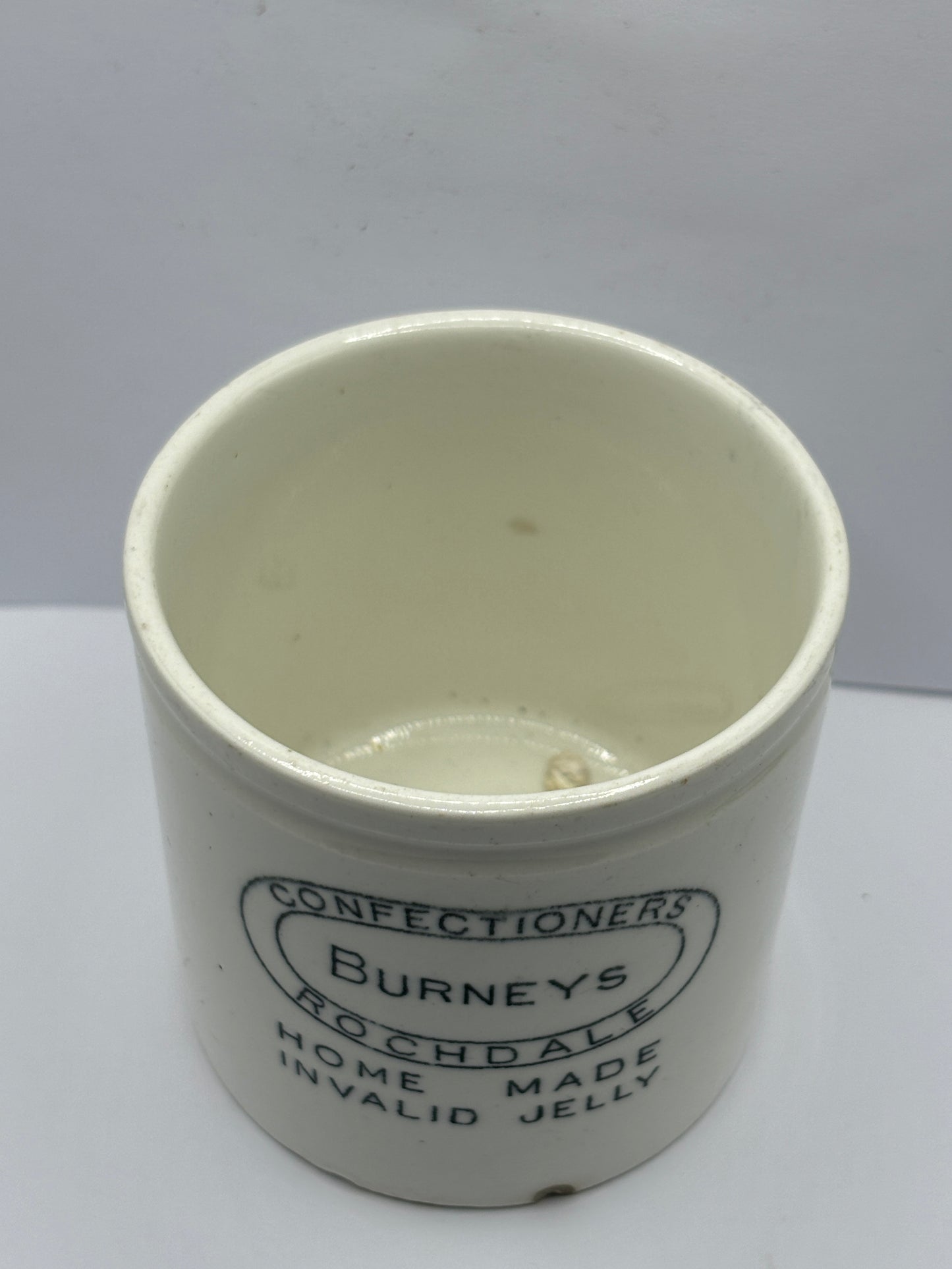 Old home made invalid jelly pot, Burneys confectioners rochdale