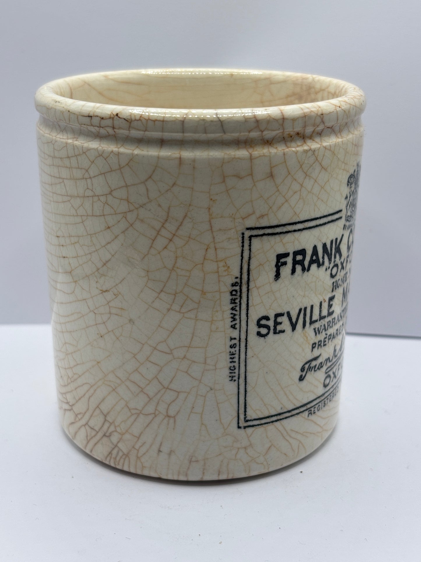 Old 1lb frank cooper marmalade jar, stained & crazed