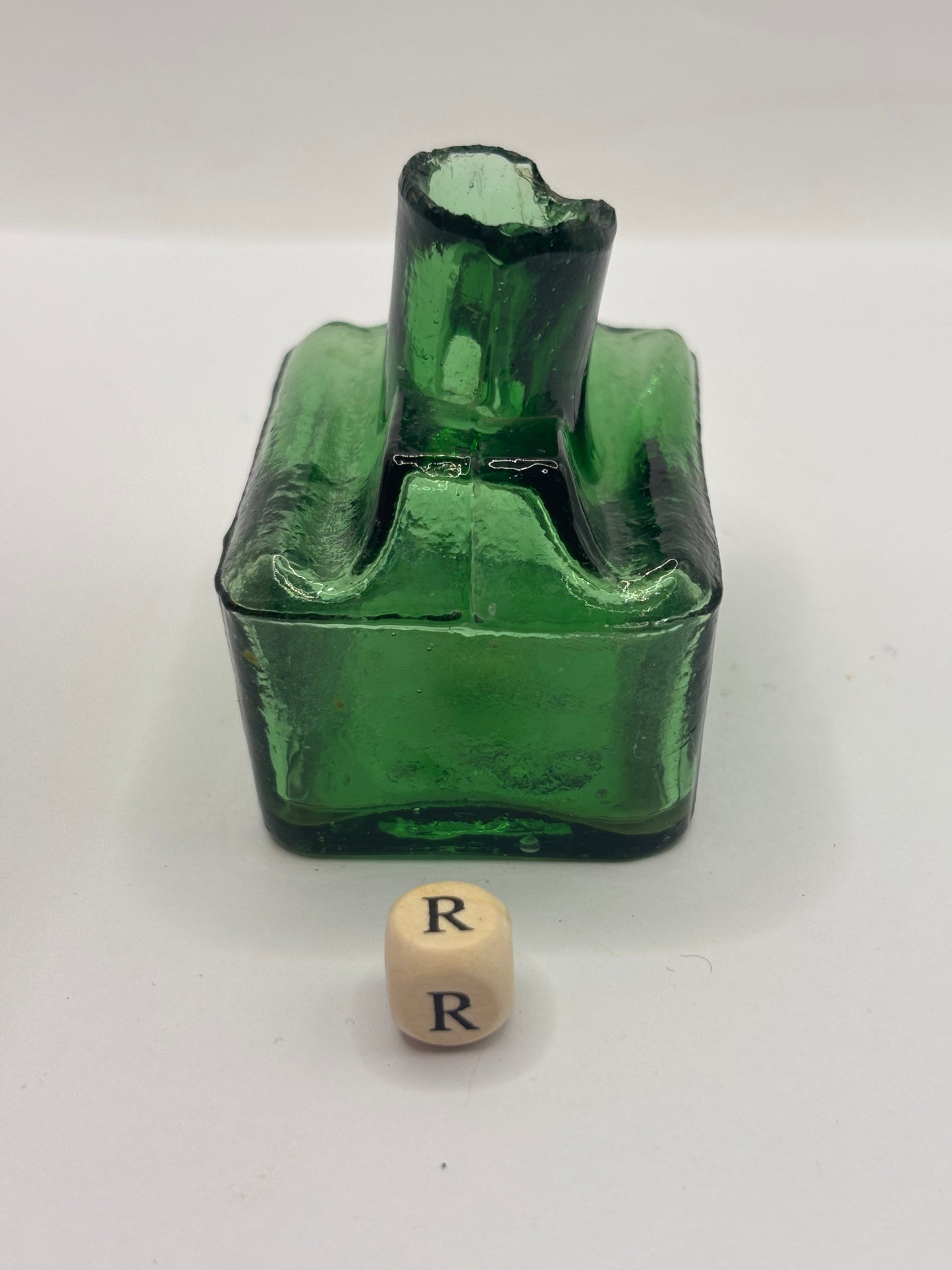 Old green glass boat ink, inkwell (R)