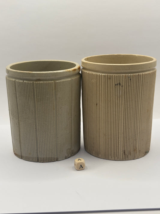 2 Old ribbed stoneware jam pots (A)