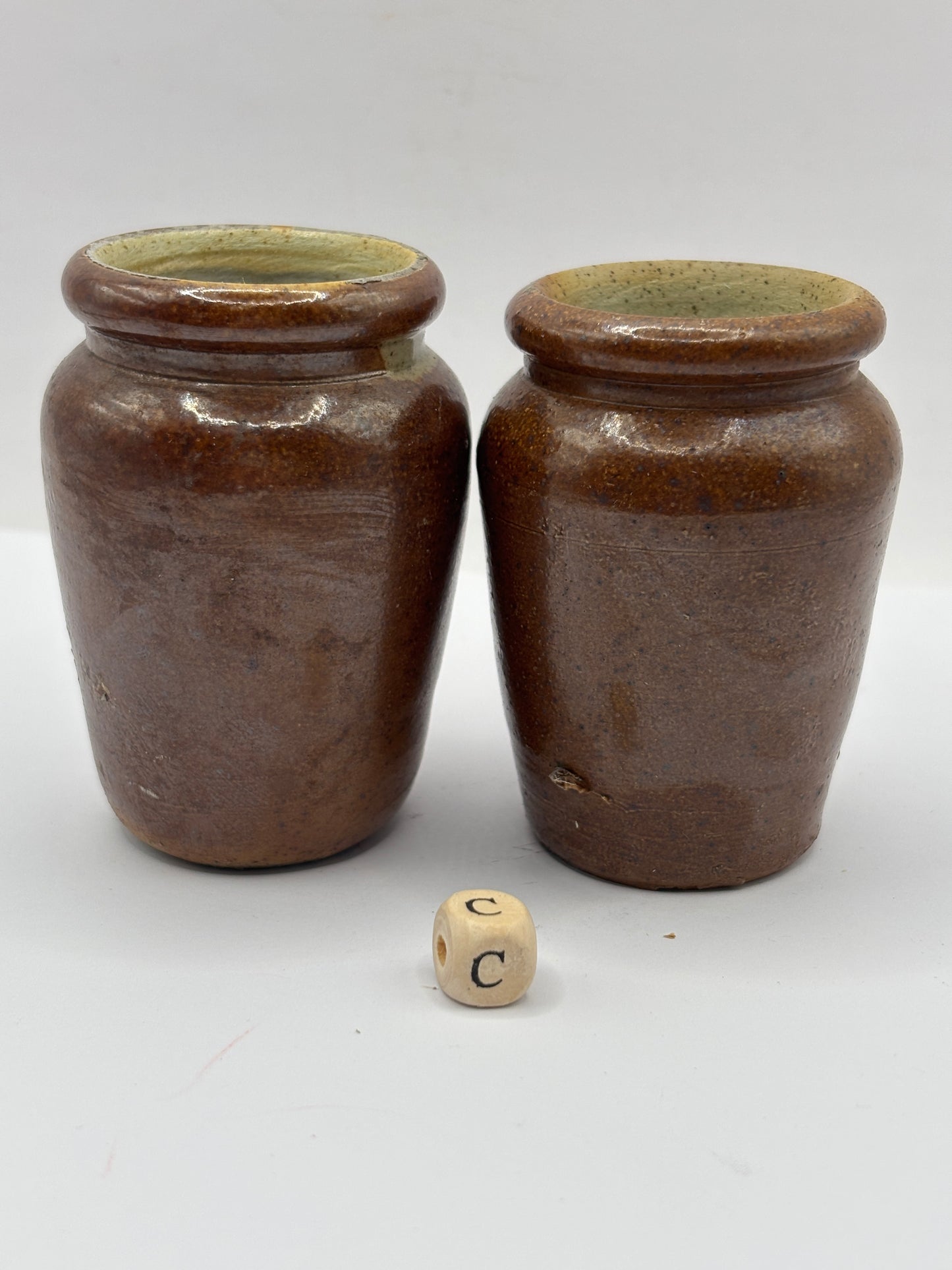 2 old small brown stoneware cream pots (c)
