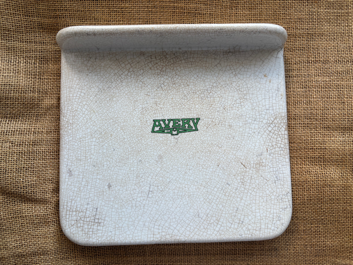 Old ironstone advertising scale plate, Avery. Stained & crazed