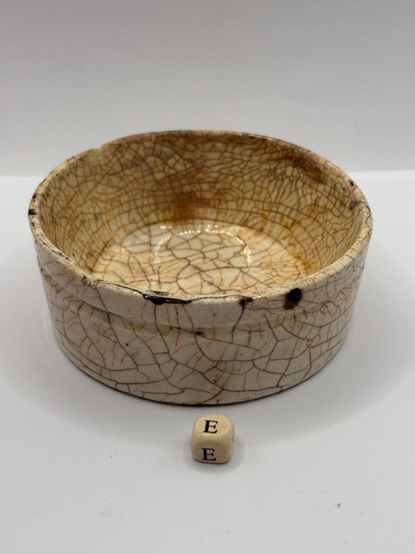 Old stained & crazed meat paste pot (E)